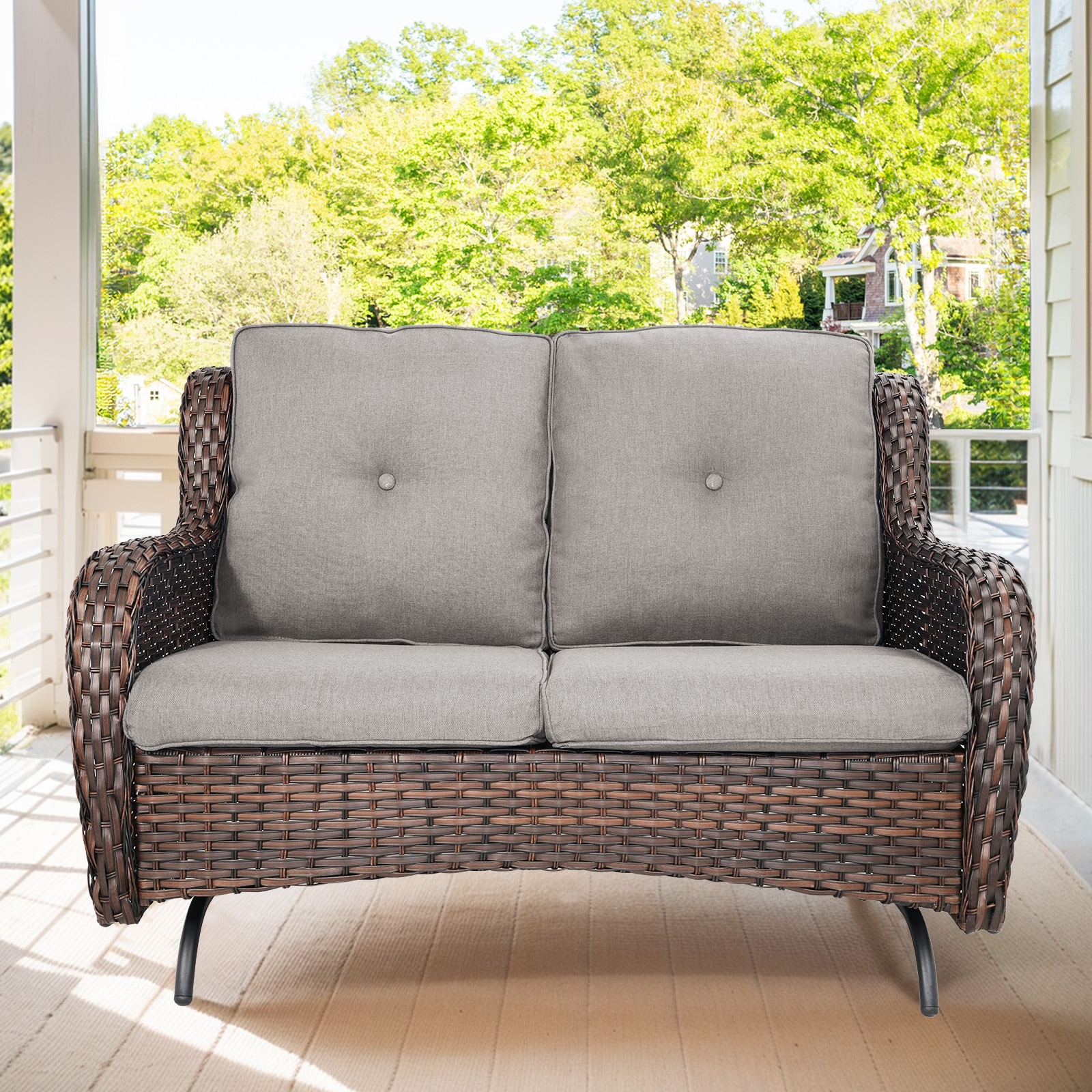 0 PA038GL-3 PACHAIRS-T Wicker Brown Steel Frame Glider Conversation Chair with Gray Cushioned Seat