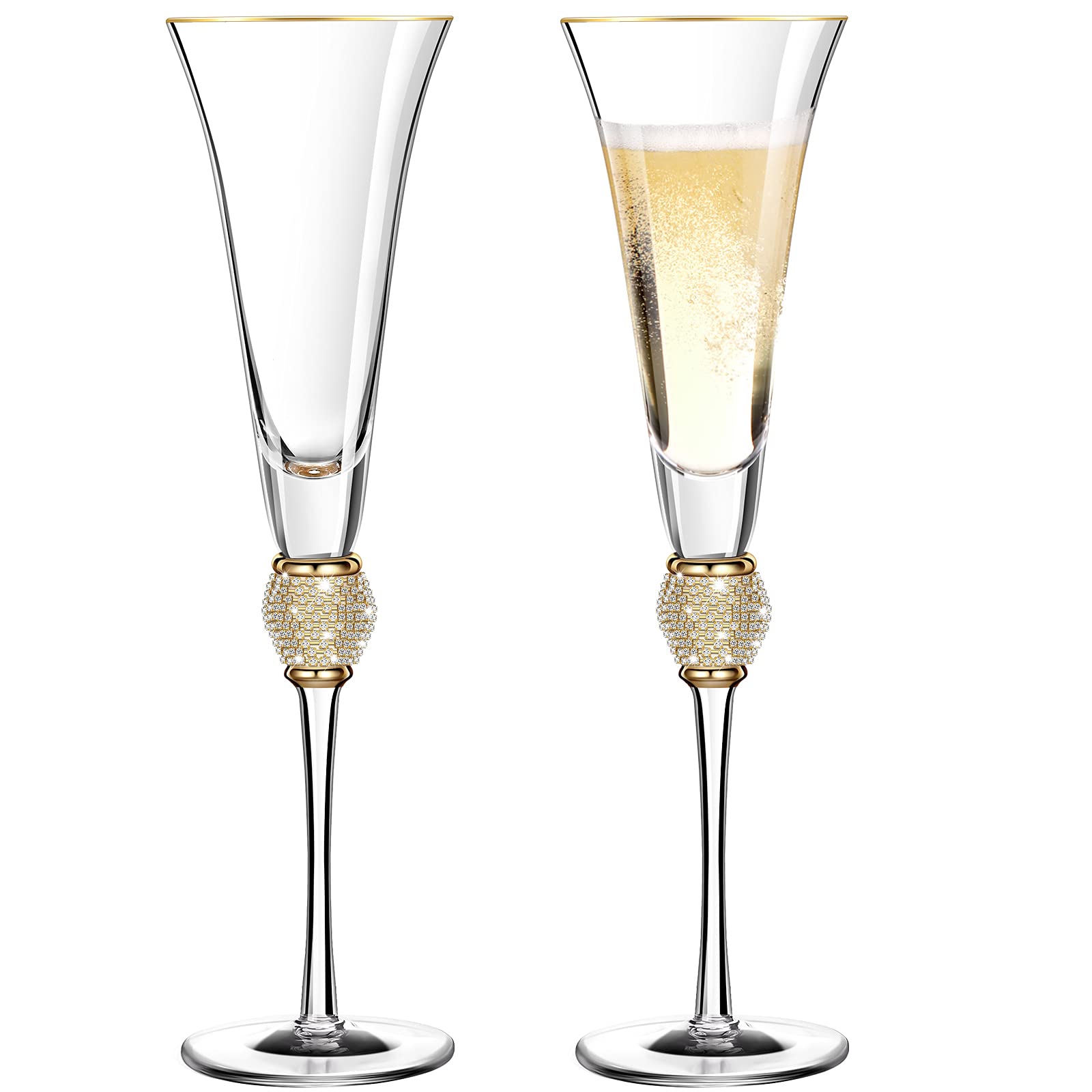 Aoibox  Rhinestone Champagne Flutes Set of 2 Long Stem 7 Oz Glassware for Weddings and Parties Elegant Rim Diamond