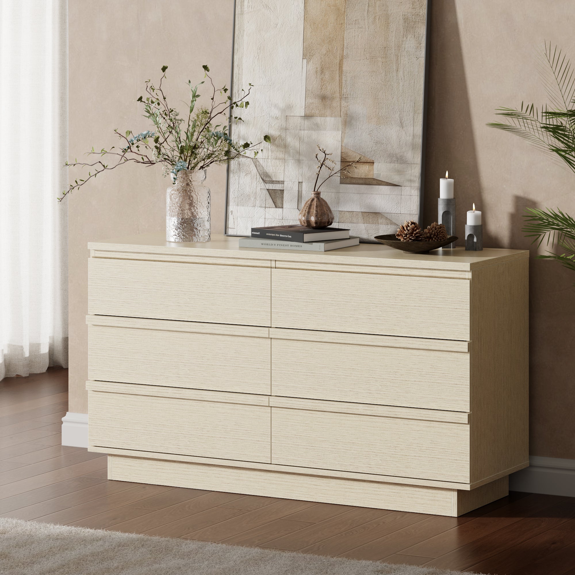 Furologee 47 Inch Double Dresser 6 Drawer Dresser Wide Dresser for Bedroom Modern Chest of Drawers Bedroom Storage Organizer Cabinet with Deep Drawers for Living Room
