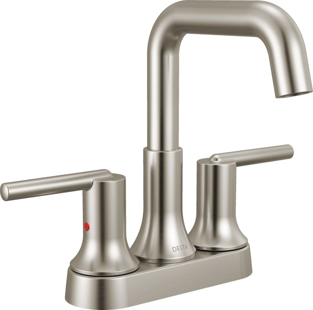 Delta 2554-SSMPU-DST Trinsic Stainless 4-in centerset 2-handle WaterSense High-arc Commercial/Residential Handle Bathroom Sink Faucet with Drain with Deck Plate