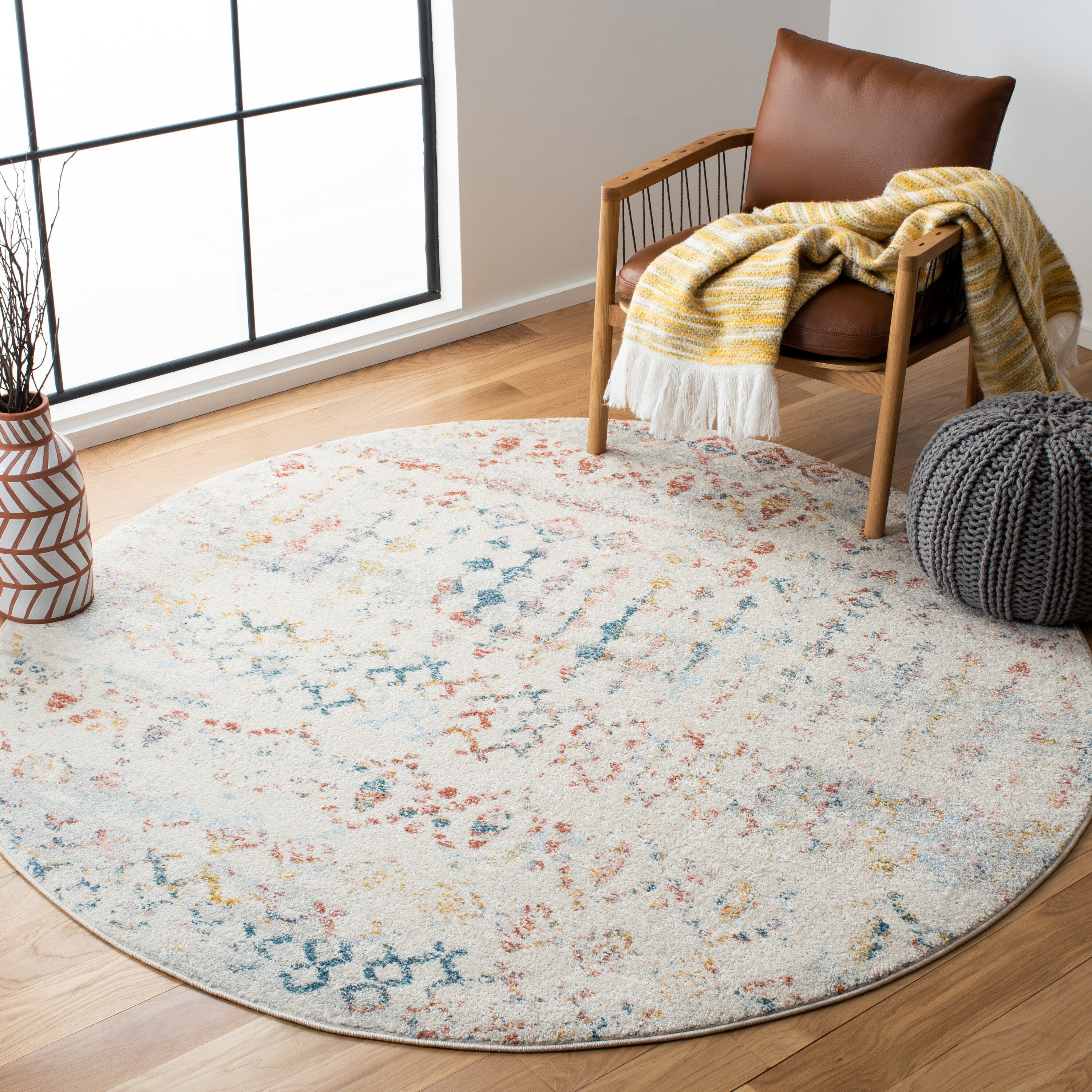 Safavieh TUL240D-7R Tulum Astra 7 x 7 (ft) Loomed Polypropylene Ivory/Pink Round Indoor Geometric Bohemian/Eclectic Area rug