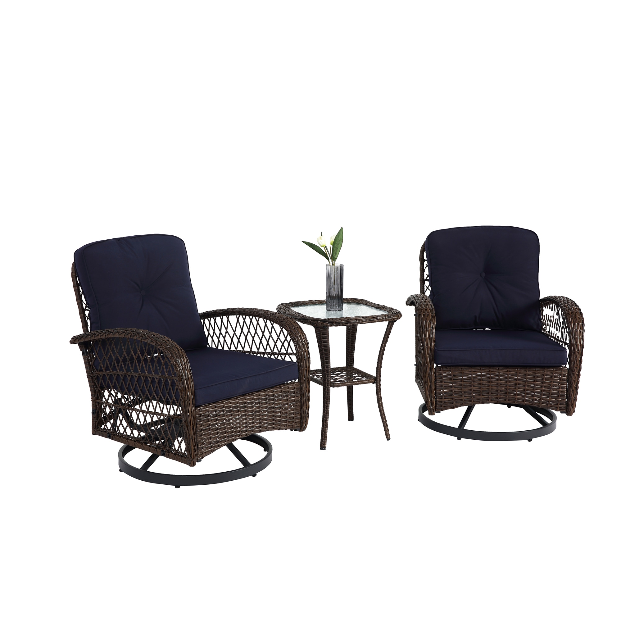 Bybafun YB0600045 3 -Piece Wicker Patio Conversation Set with Blue Cushions
