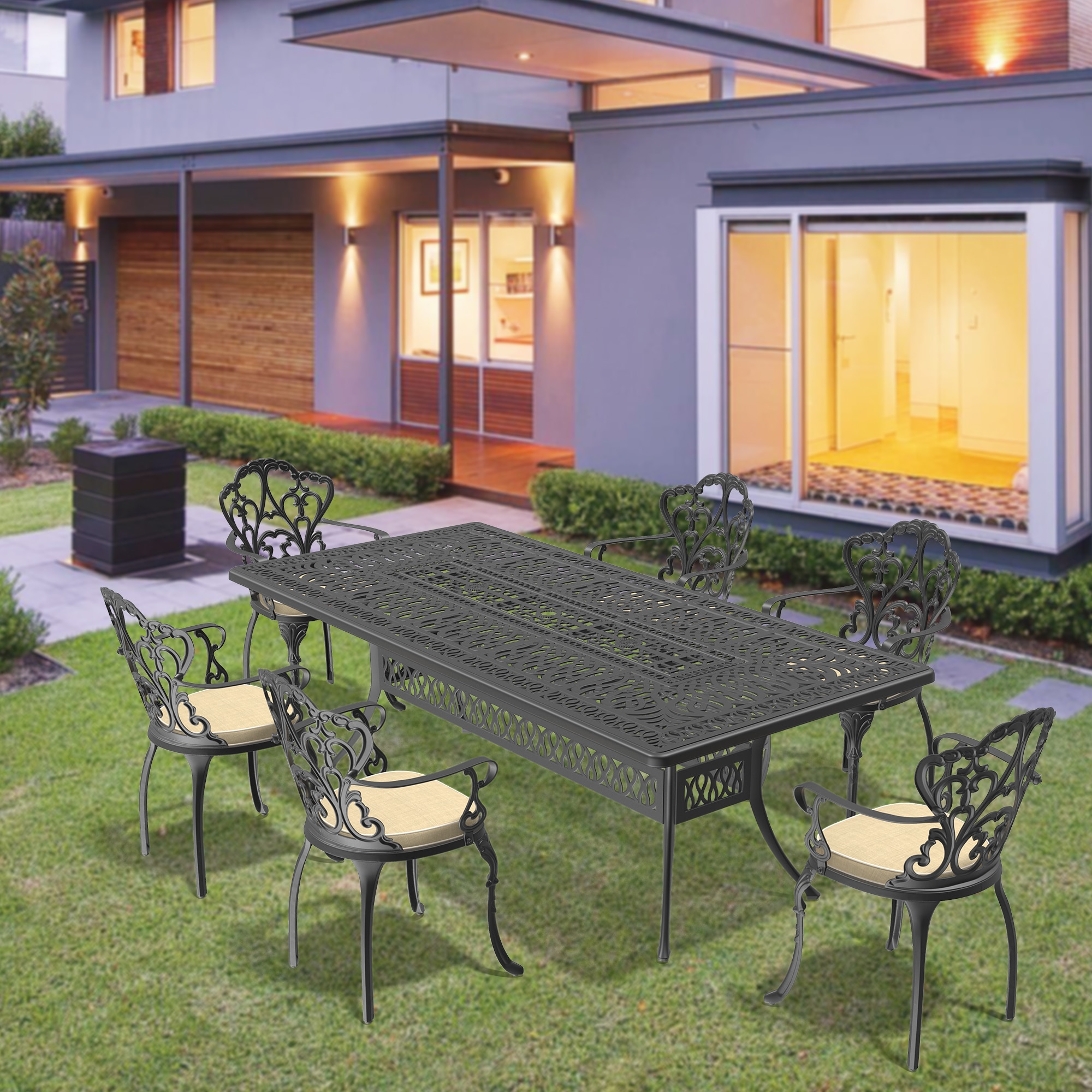 nicesure SLBK6047CZ6A1119RC 7 -Piece Black Patio Dining Set Aluminum Rectangle Table with 6 Cushions Stationary Chairs