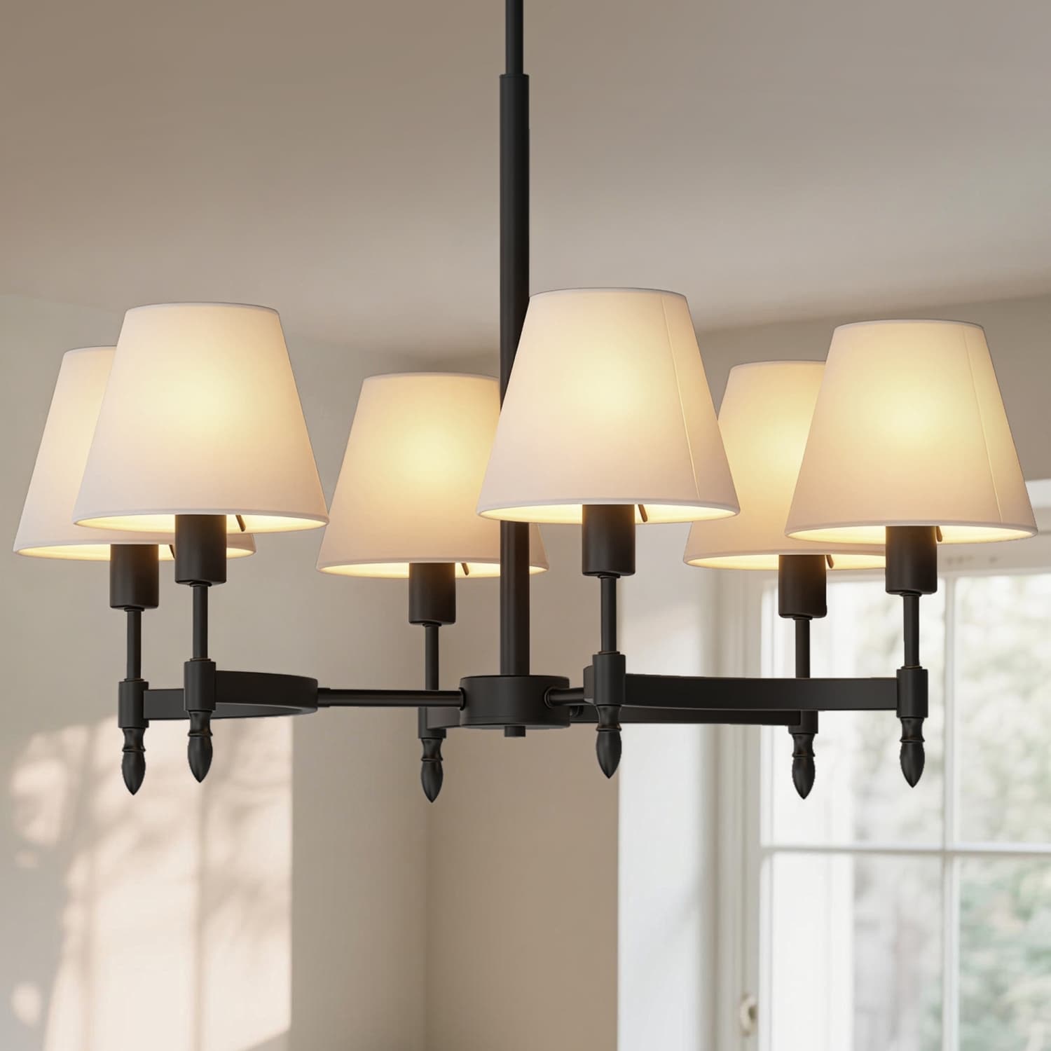 DORESshop 26.8 in 6 Light Black Chandelier with Gray Fabric Shades 68.9 in Height Adjustable Modern Pendant for Living Room Dining Room or Foyer