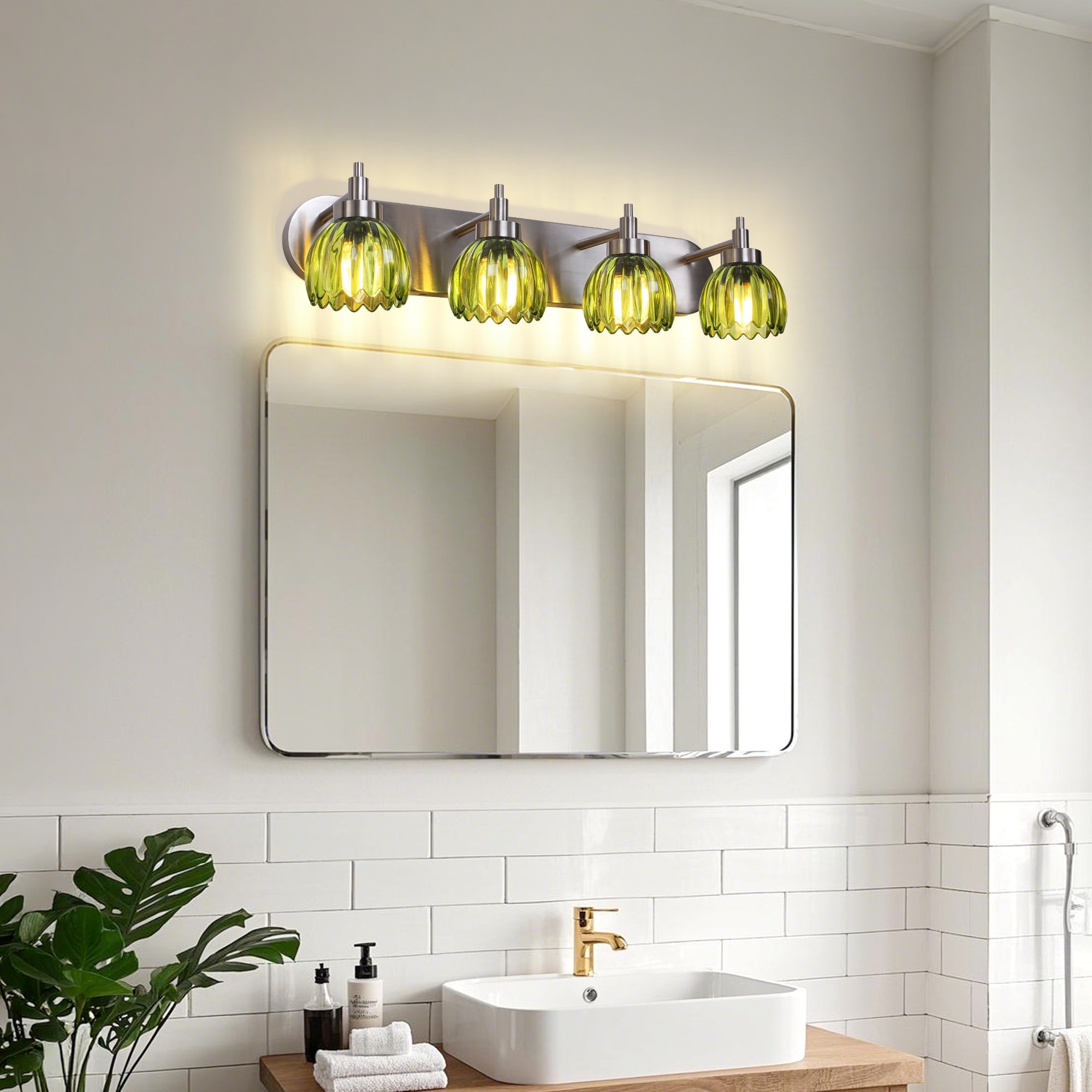 Zjvaive 27.56inch Green Glass Vintage 4-Light Nickel Iron Vanity Light Fixture with E26 Socket for Multi-scene Indoor Decor