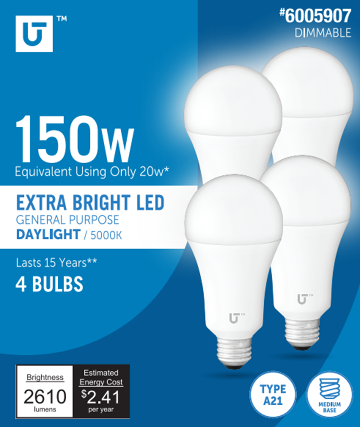 Utilitech L11A21DFU20W50K4P 150 -Watt EQ A21 Daylight E26 Dimmable LED General purpose Light Bulb 4 -Pack
