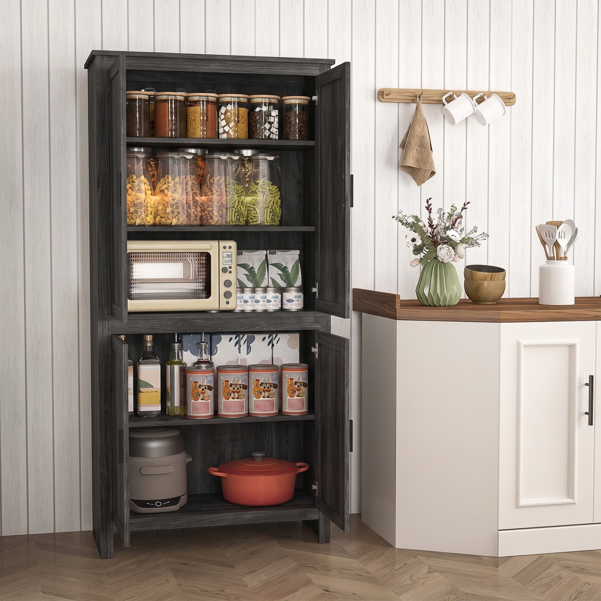 GlasFlength  64 Inch Kitchen Cabinet Standing Pantry Cabinet with 4 Doors Food Storage Cabinet Kitchen Cupboard for Dining Room Home Bar Gray