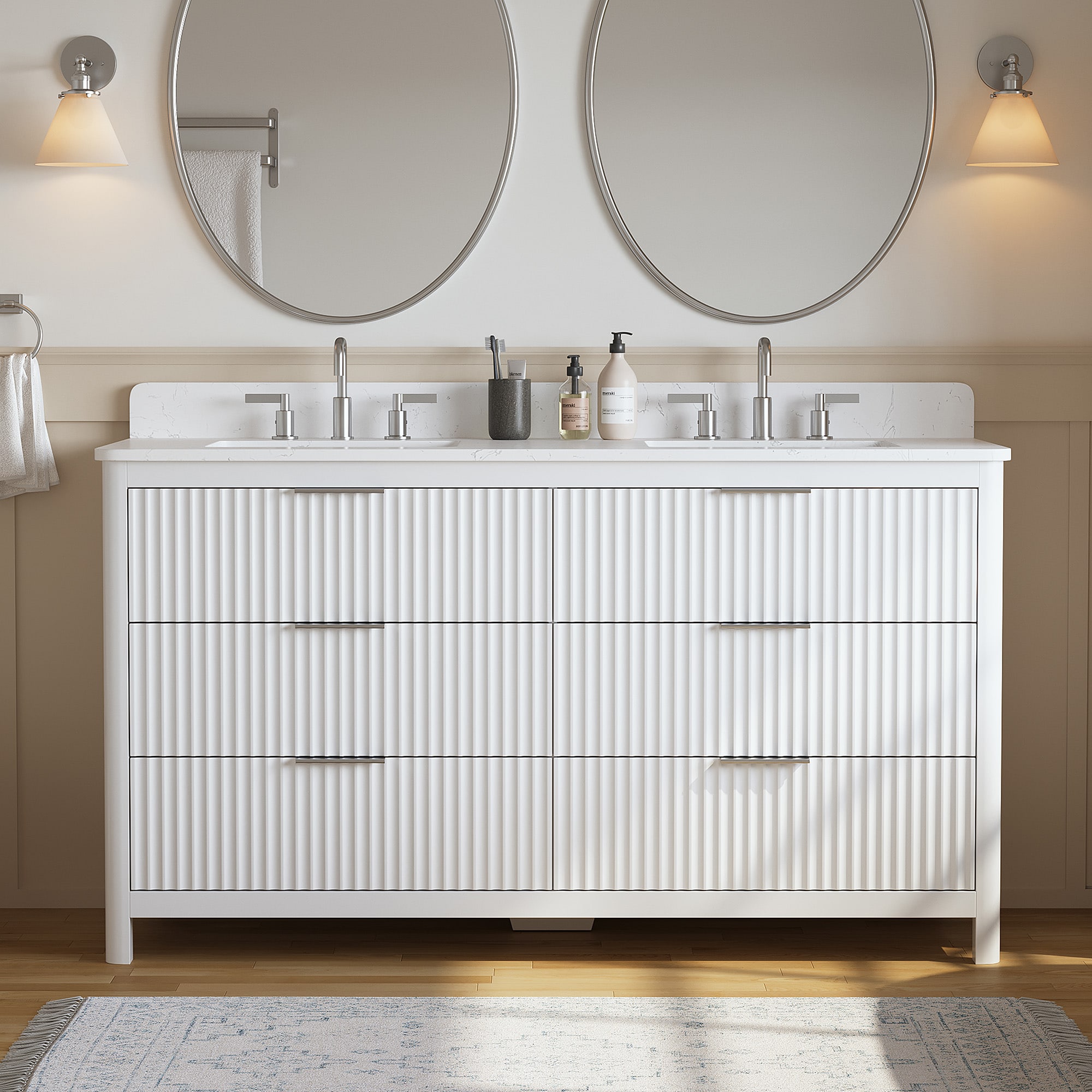 DELUXE LIVING V24001-60WT WhiteSnow 60-in White Undermount Double Sink Bathroom Vanity with Carrara White Engineered Stone Top