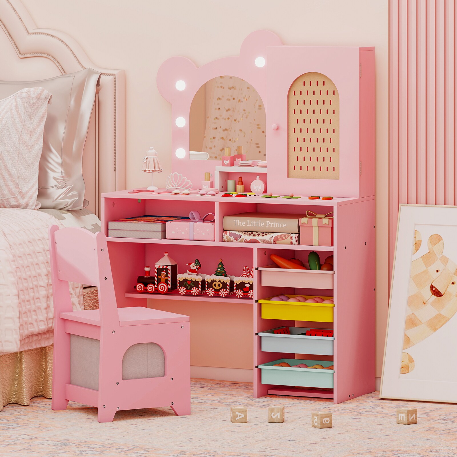 Slickblue Kids Pink/White Makeup Vanity Table with Lighted Mirror ...