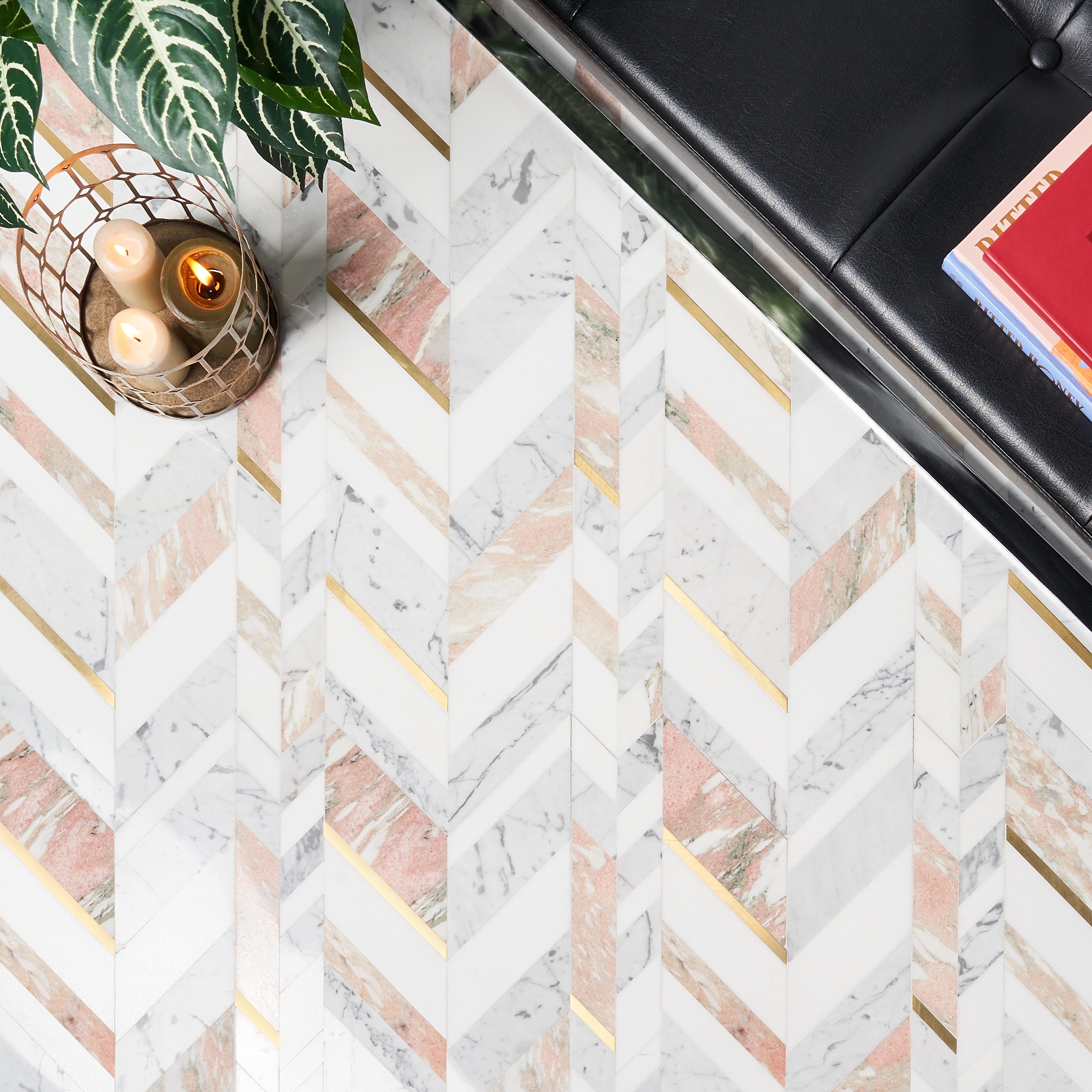 Xander 12" x 18" Polished Marble and Brass Chevron Wall Tile