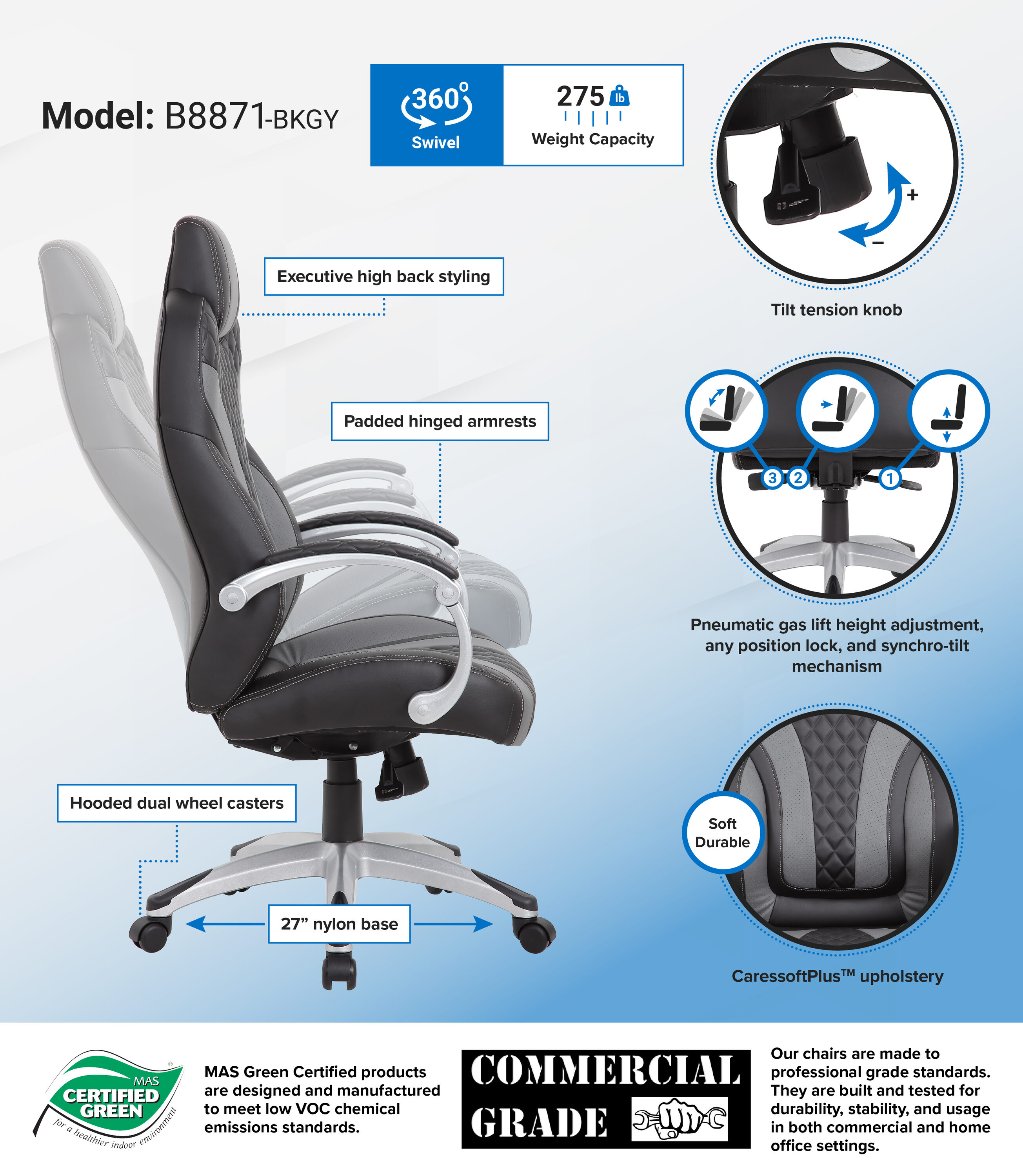 ErgoExecutive High-Back Swivel Chair in Black and Gray Leather