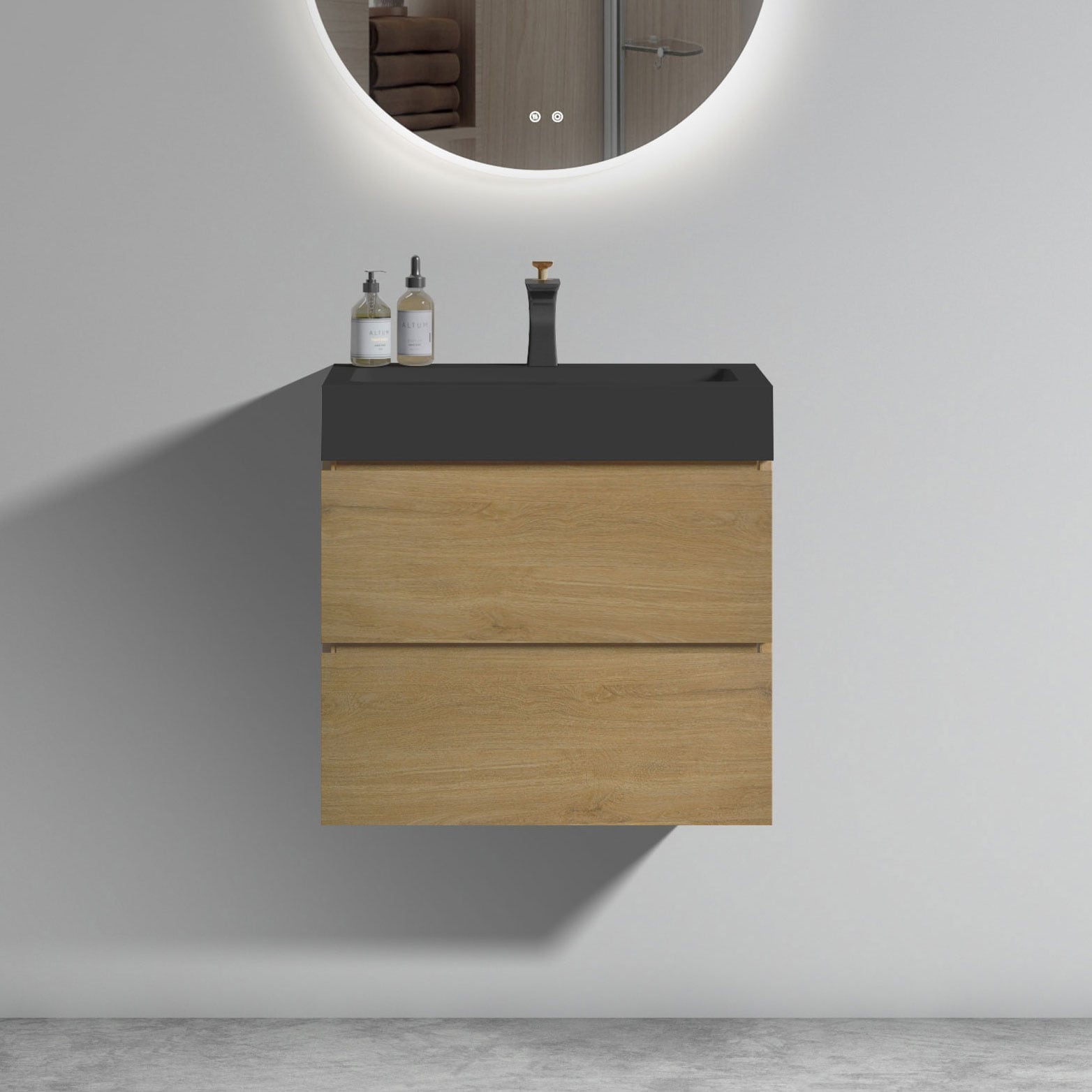 Tahanbath 24inch Natural Oak Bathroom Vanity with Sink Large Storage Wall Mounted Floating Vanity One Piece Black Sink Basin WITHOUT Drain for Modern Bathroom Pre assembled