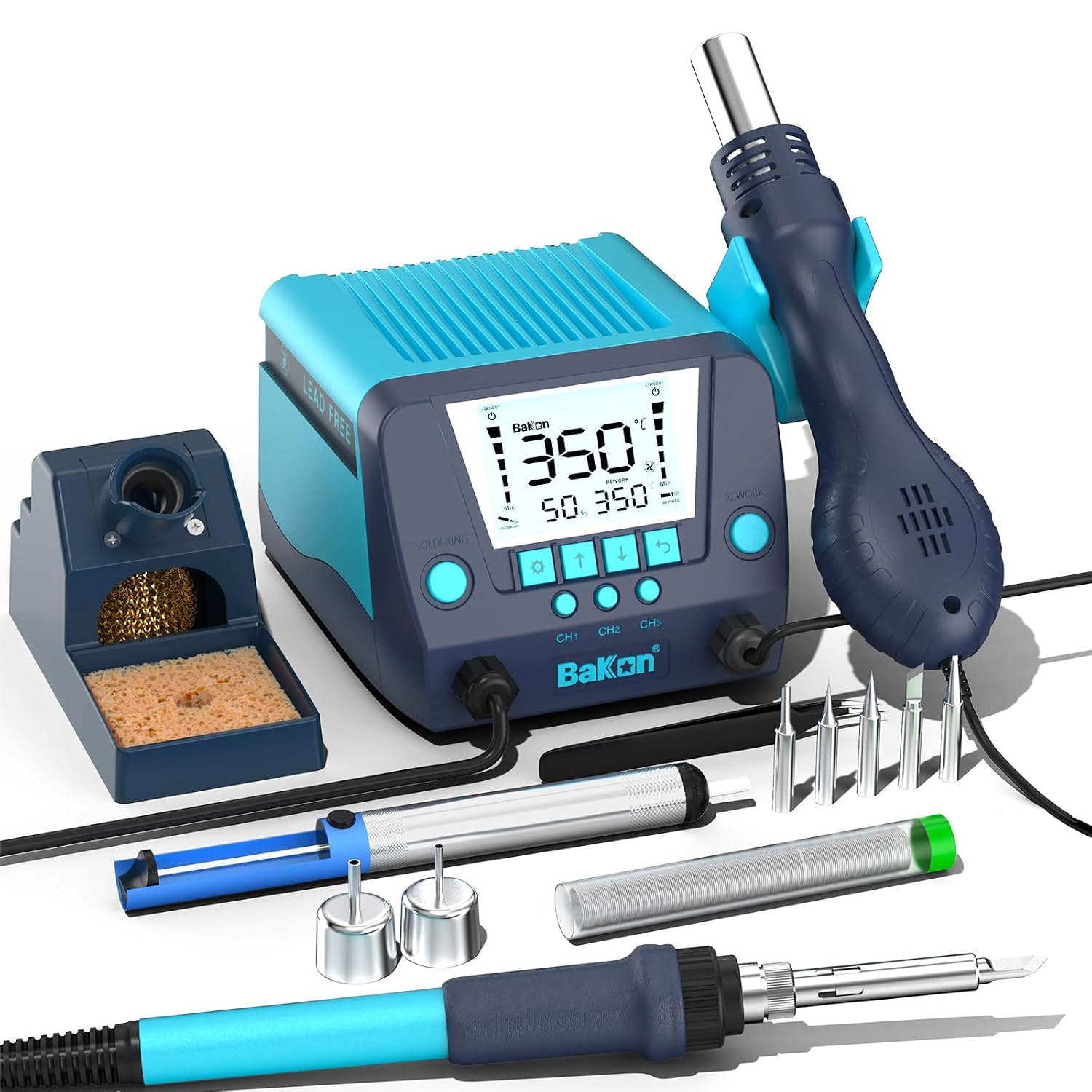 Bakon 2-in-1 Digital Soldering and Hot Air Rework Station Kit 90W Soldering Iron 560W Hot Air Gun with 3 Preset Channels Auto Sleep and Celsius Fahrenheit Conversion