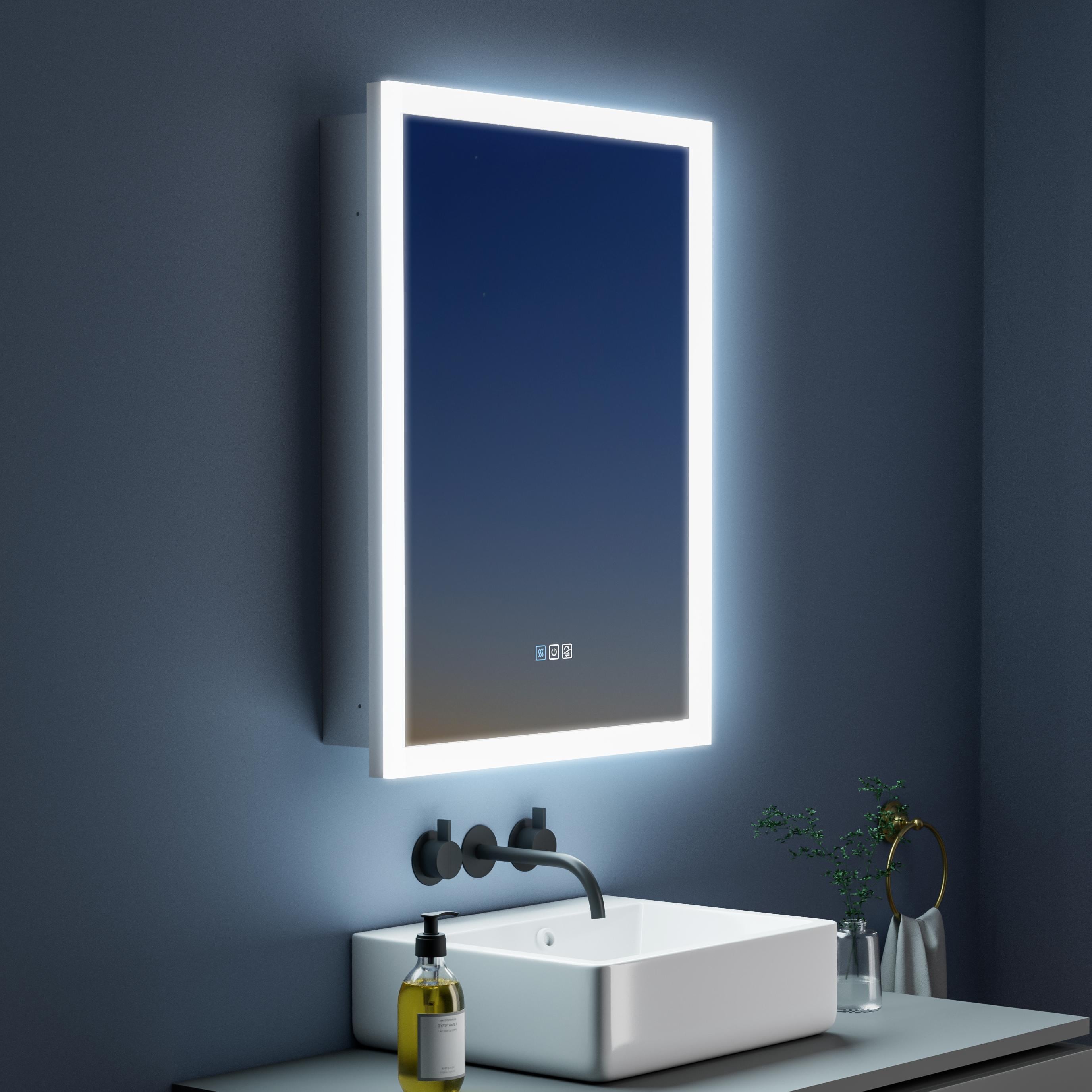 Forclover WBSG-77484 24-in x 32-in Lighted LED Fog Free Surface/Recessed Mount Silver Mirrored Rectangle Soft Close Medicine Cabinet with Outlet