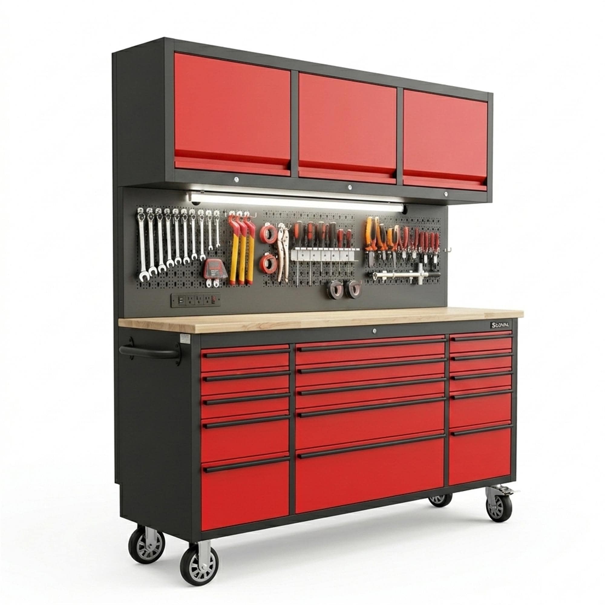 Boyel Living 72 inch Rolling Tool Chest with Power Strip Workbench Upper Cabinets Pegboard
