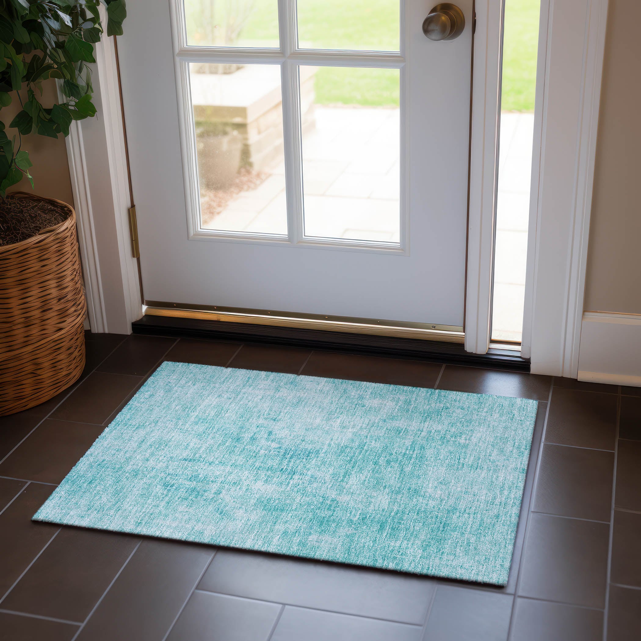 Teal Abstract Flat Woven Indoor Outdoor Rug 1'8" x 2'6"