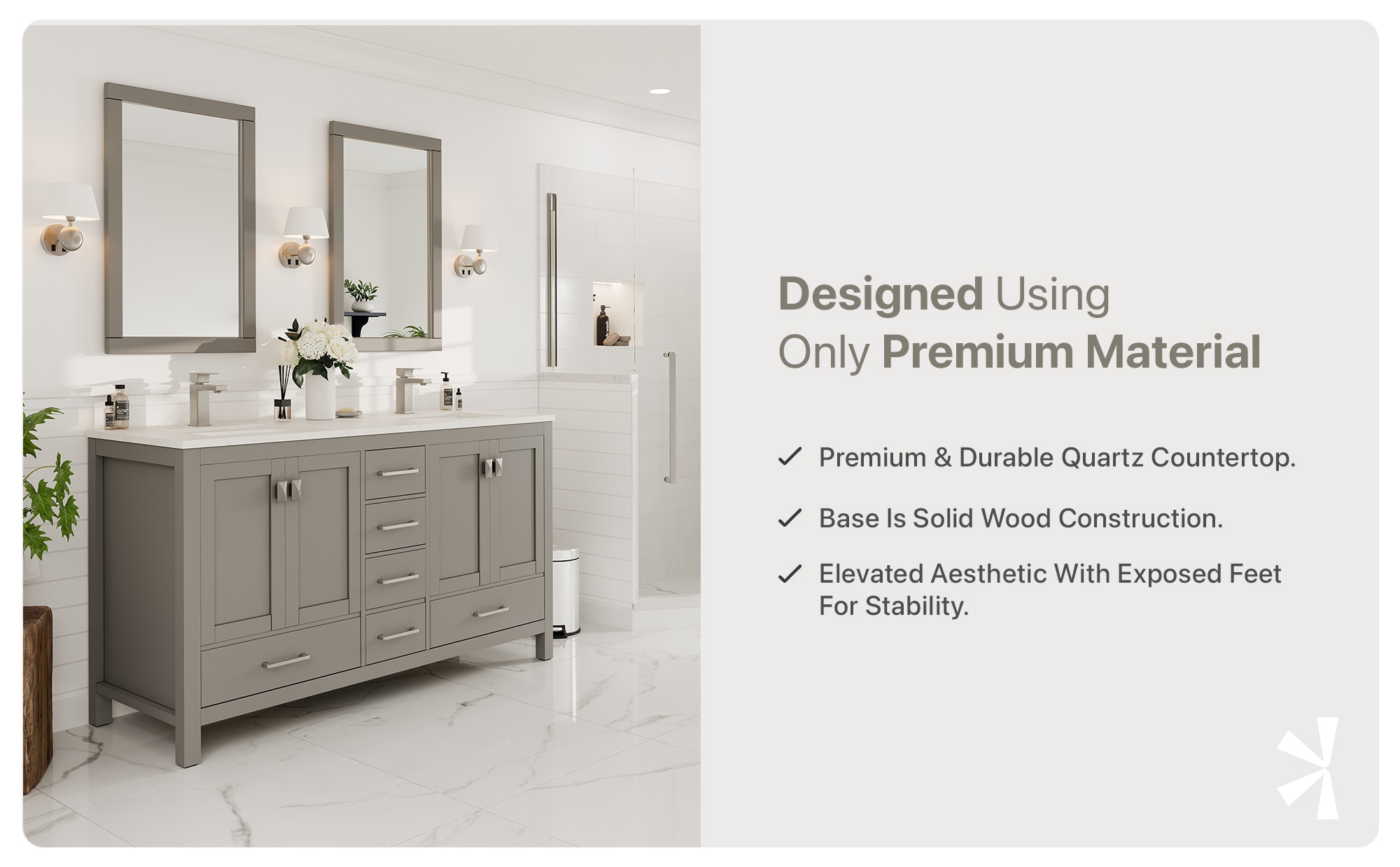 Gray Double Sink Bathroom Vanity with White Quartz Countertop