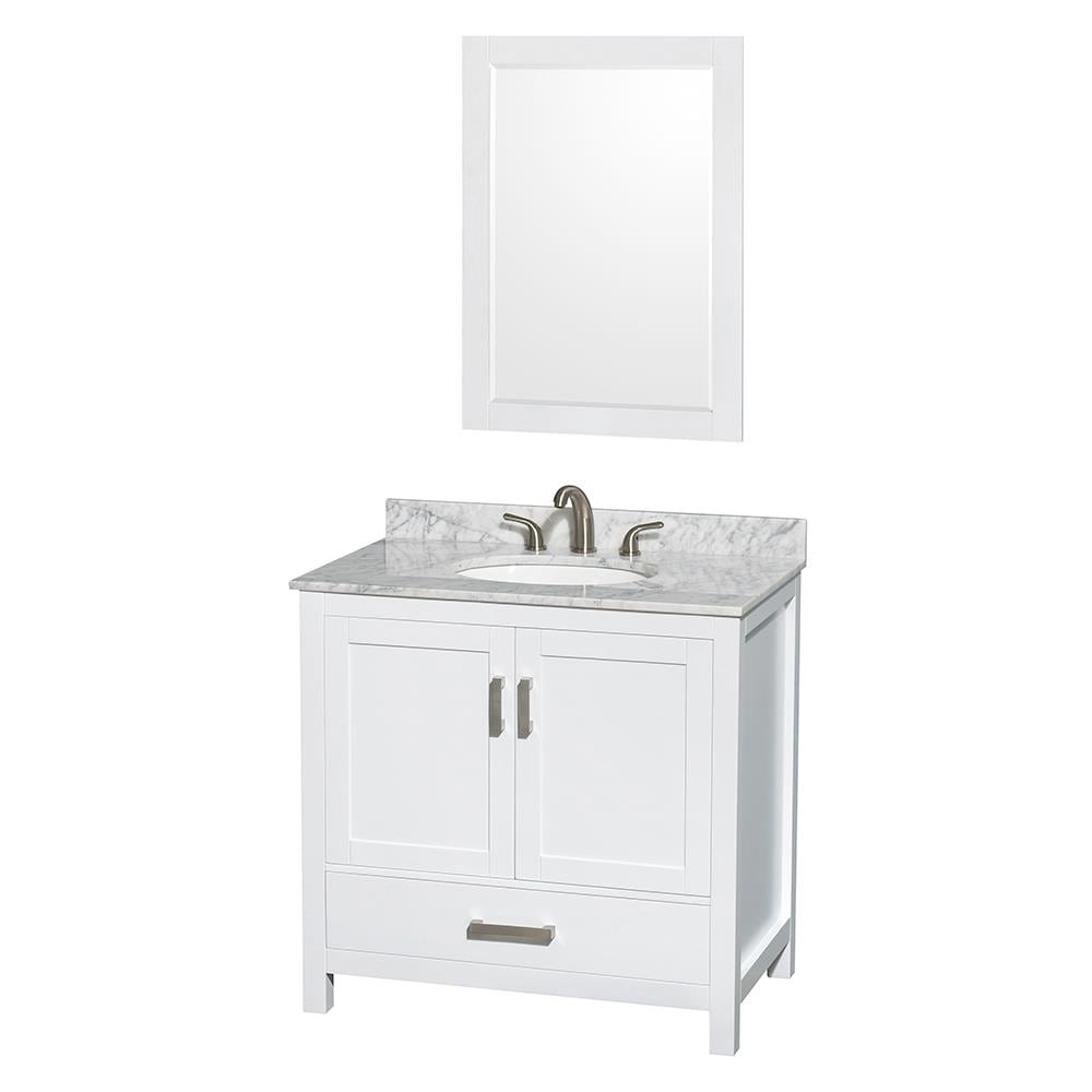 Wyndham Collection WCS141436SWHCMUNOM24 Sheffield 36-in White with Brushed Chrome Trim Undermount Single Sink Bathroom Vanity with White Carrera Natural Marble Top (Mirror Included)