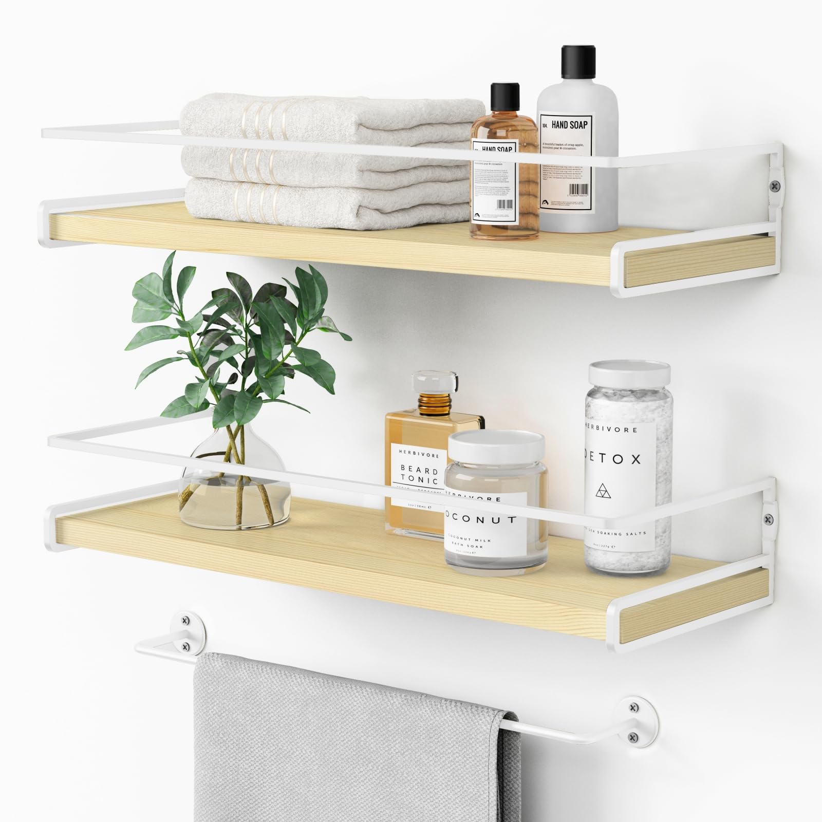Lovav Natural white Floating Bathroom Shelves Wall Mounted Set of 2 with Towel Bar Storage Organizer Small Space Decor