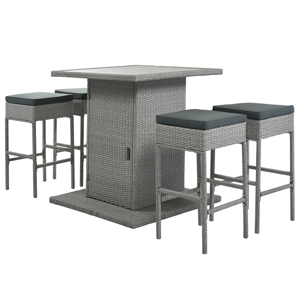 ES-DIY DIPF0013 5 -Piece Black Wicker Bar Height Patio Dining Set Steel Square Table with 4 Gray Cushions Stationary Chairs