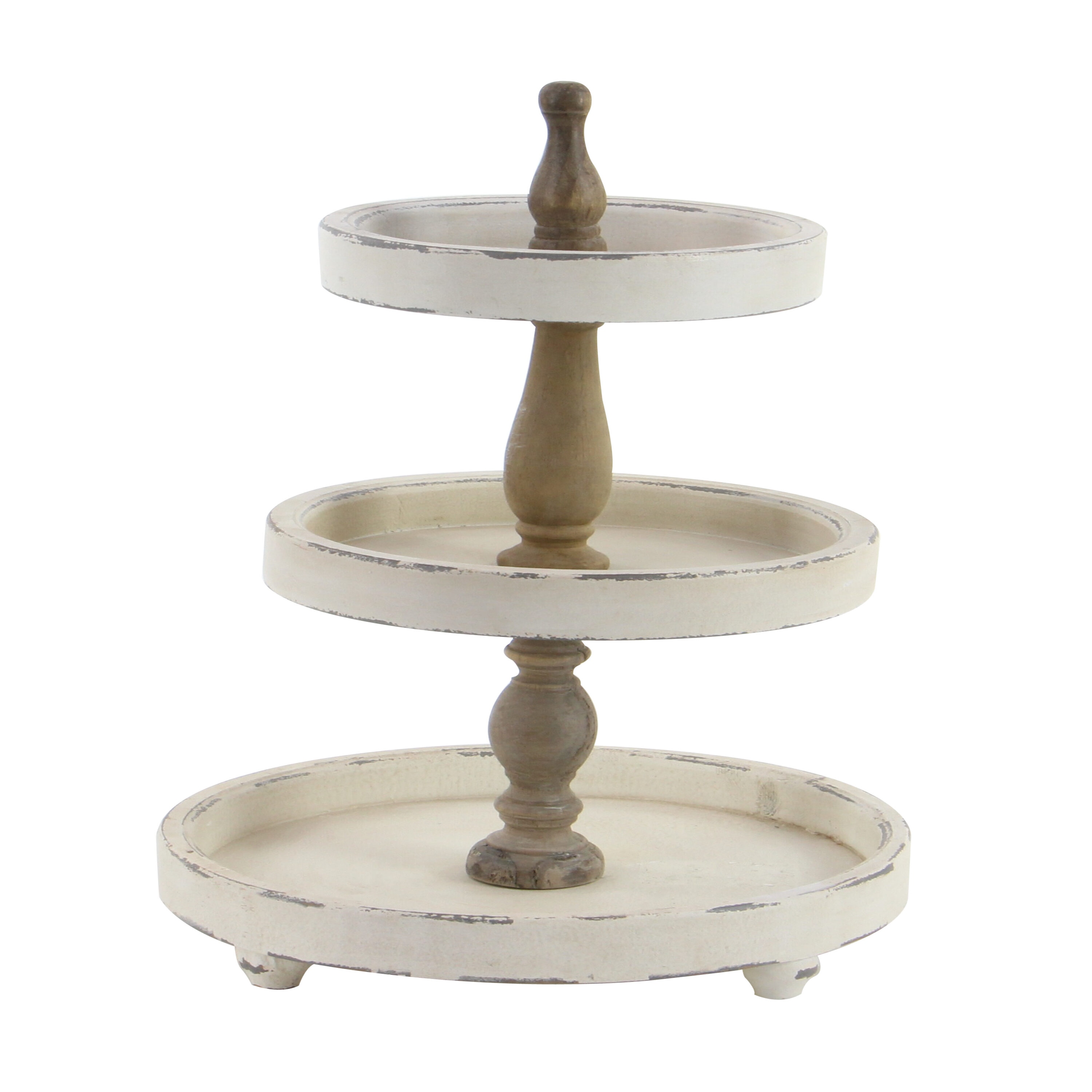 Distressed White and Brown Wood 3-Tier Round Serving Tray