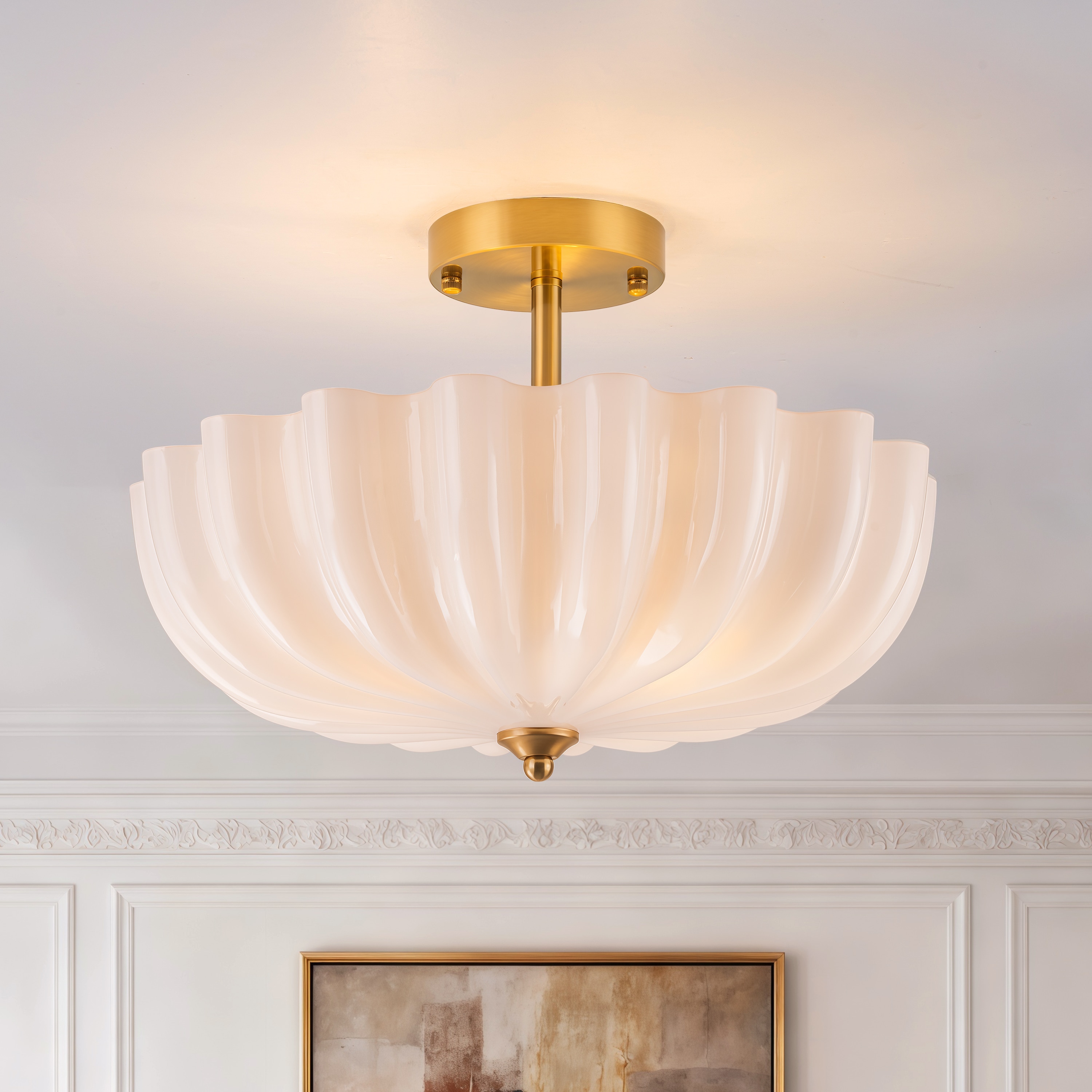 GoYeel 15.7-in Gold Indoor 3 -Light Semi-flush Mount Light with Ribbed Glass