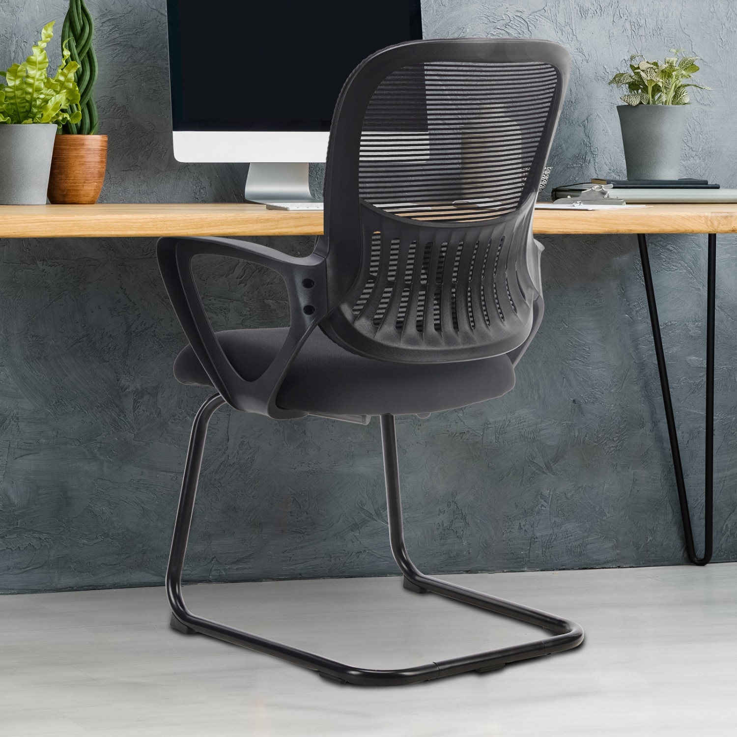 Wooakway Ergonomic Office Chair Without Wheels Mesh Guest Chair with Lumbar Support and Metal Sled Base