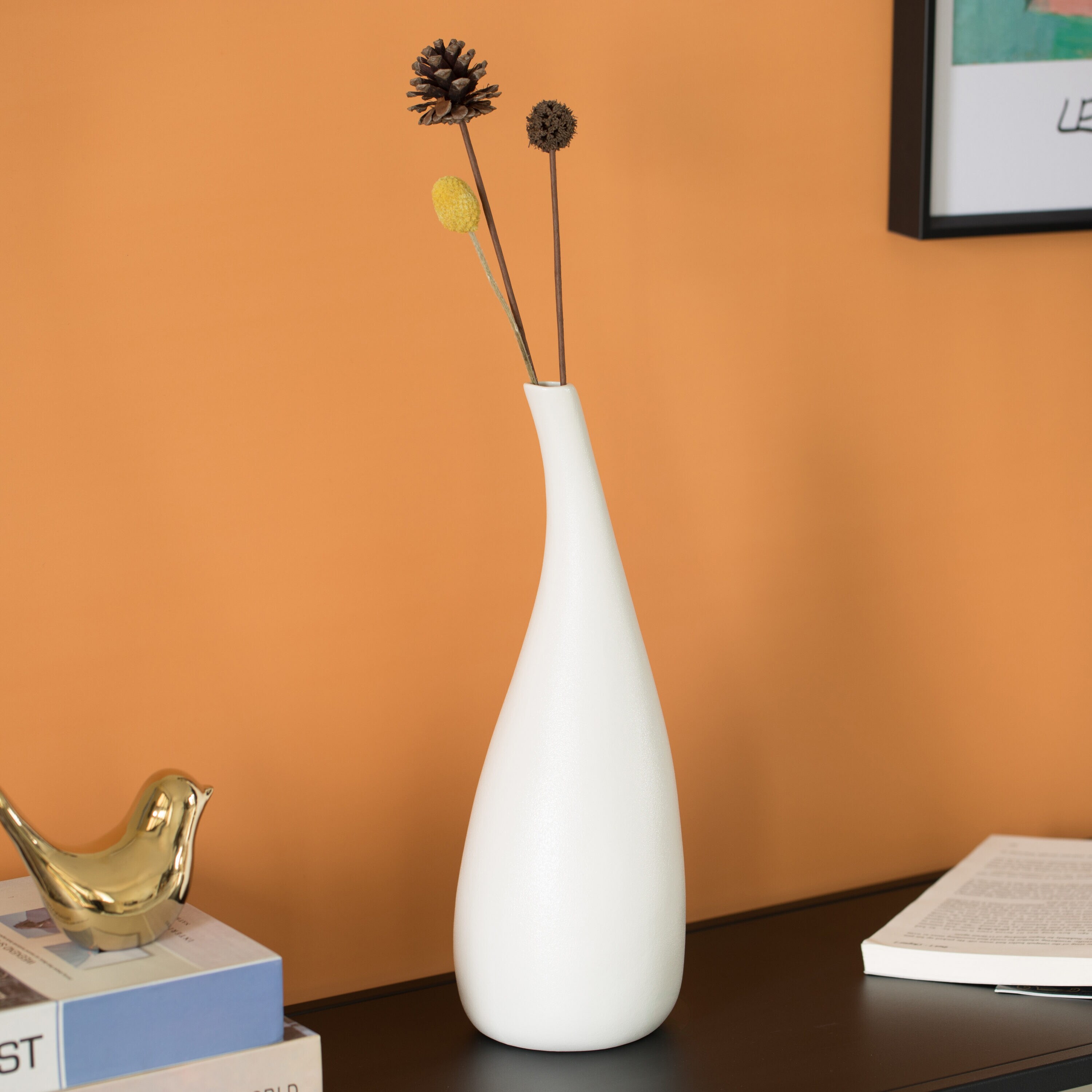 White Teardrop Shaped Ceramic Table Vase, 12.5 Inch