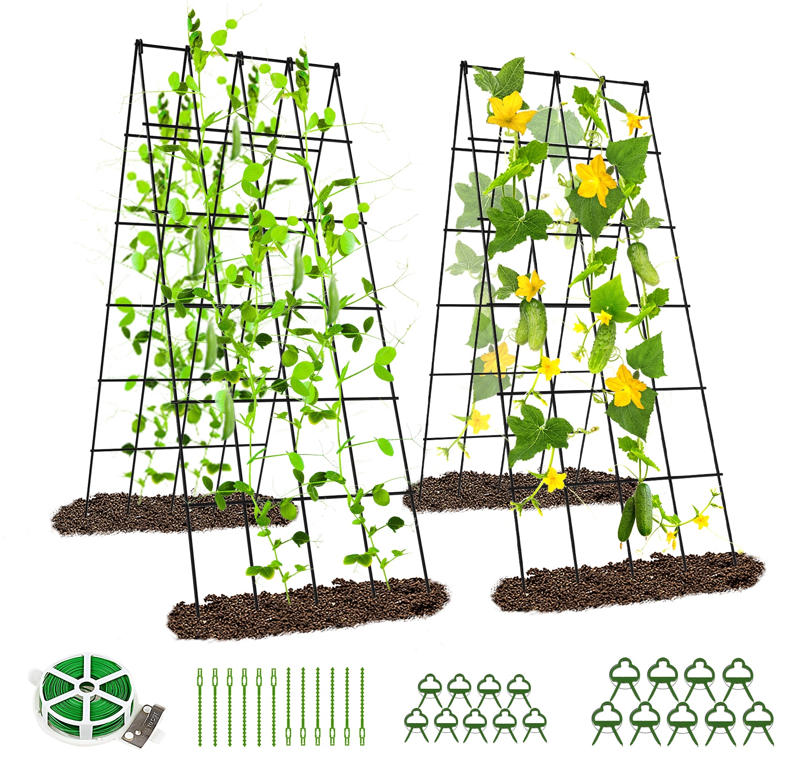 DOCRED  2 Pack Foldable A Frame Cucumber Trellis PVC-Coated Steel for Climbing Plants Vegetables Raised Bed with Support Clips Twist Ties Plastic Ties Black
