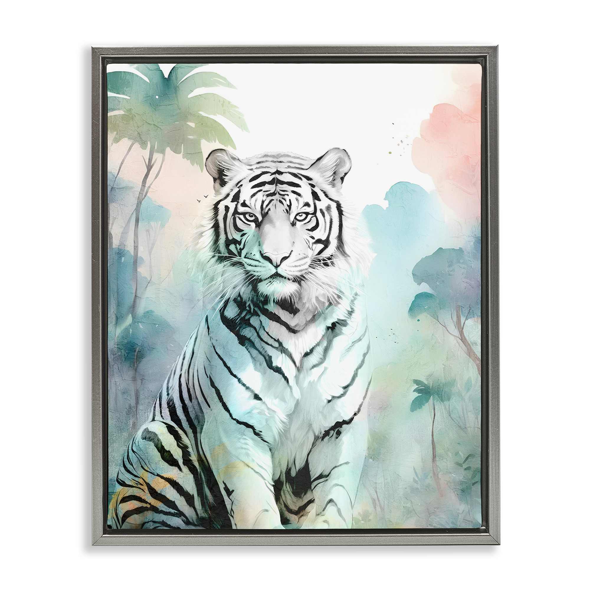 Stupell Industries  White Tiger in Jungle Gray Framed Floater Canvas Wall Art By Kim Allen 17 x 21