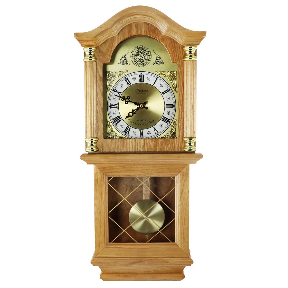 Golden Oak 26" Chiming Wall Clock with Swinging Pendulum