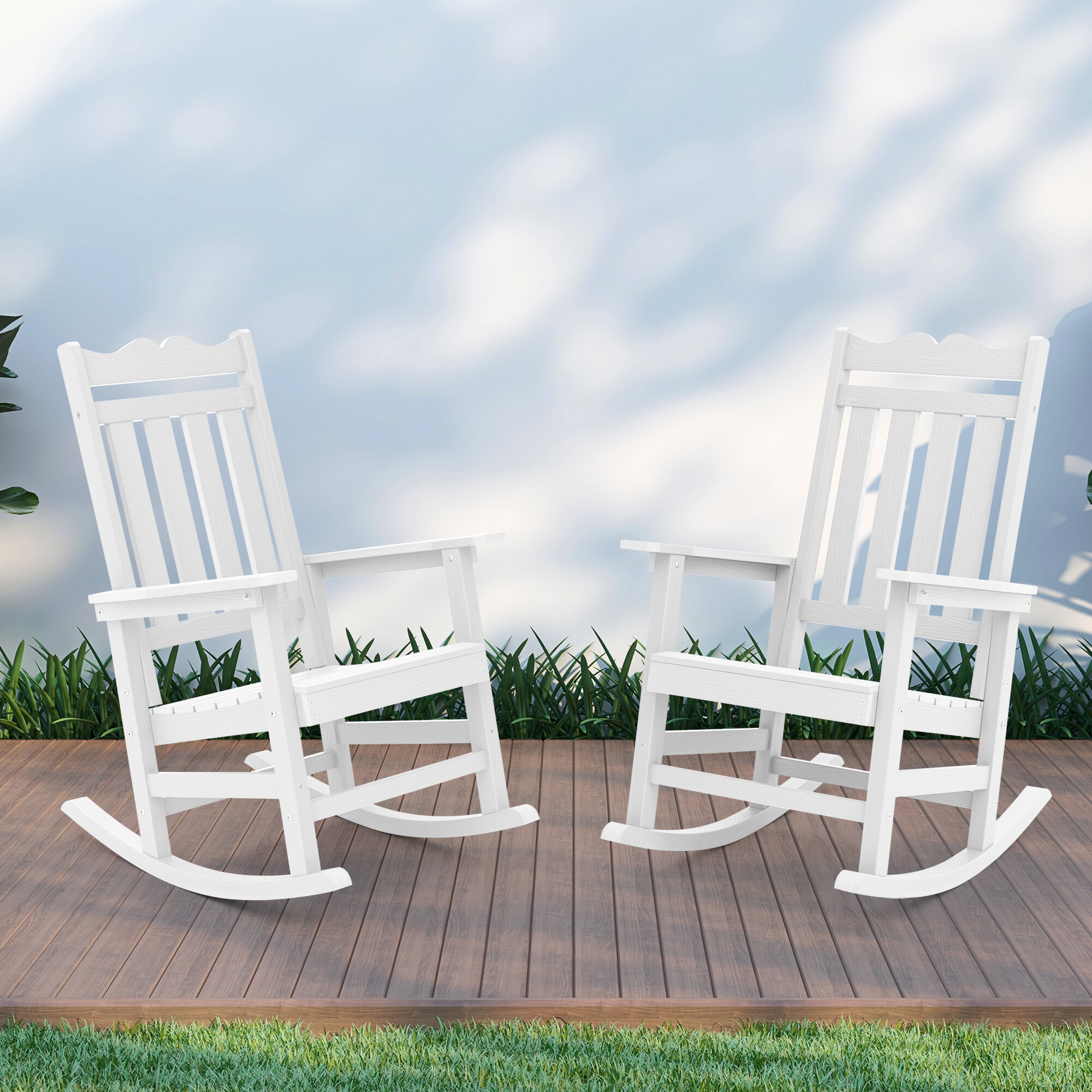 Sonkuki SD-RC-65-WT-2 Patio Chair Set of 2 White Plastic Frame Rocking Chair with Solid Seat