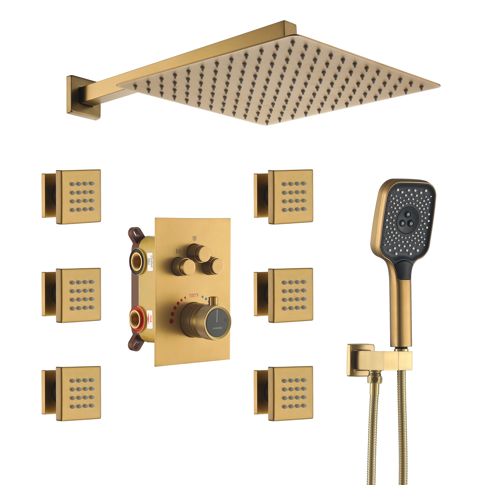 CASAINC CS6219-12BG Brushed Gold 12-in Built-In Shower Faucet System with 3-way Diverter ( Thermostatic Valve Included )