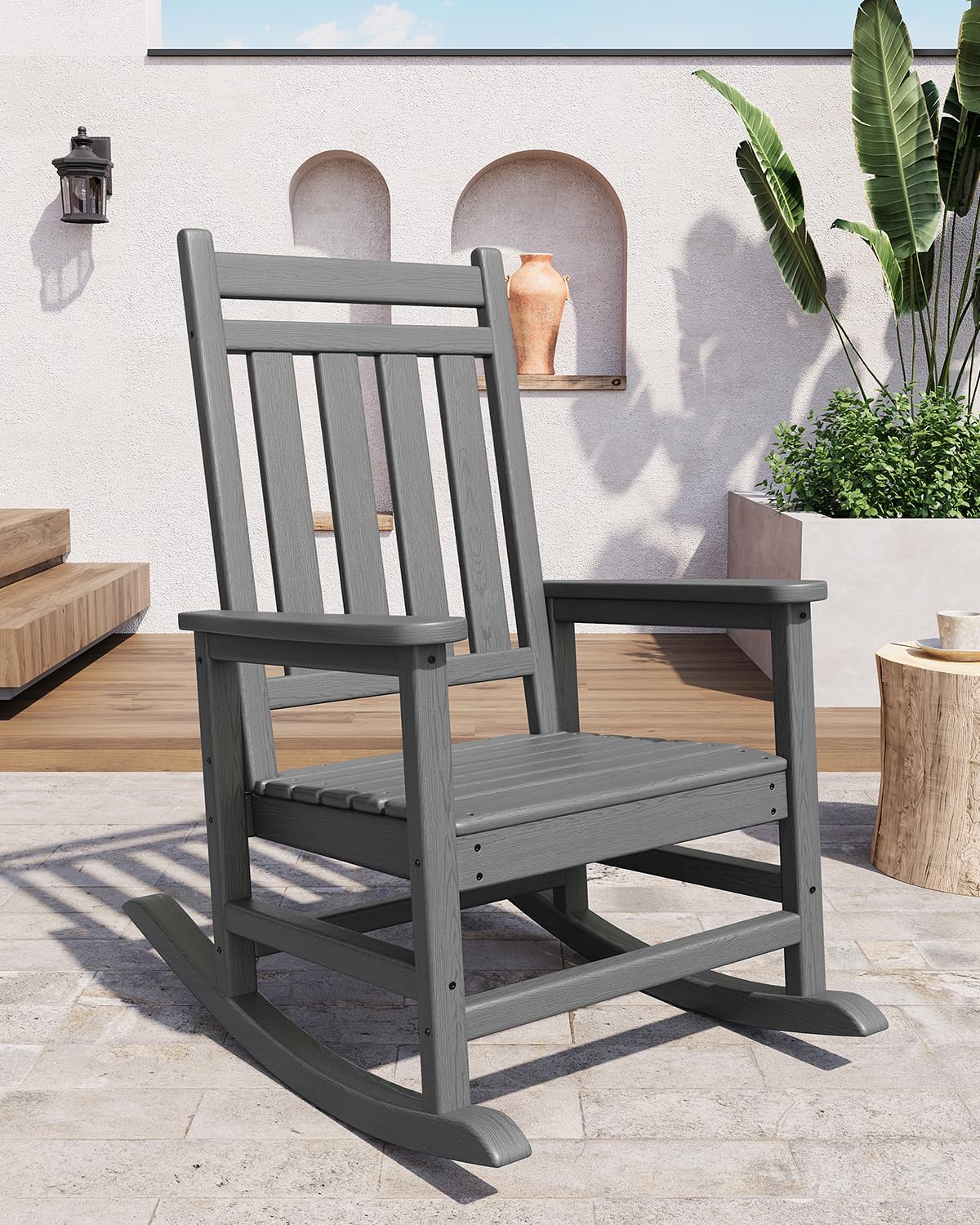 Qeetex CHAIRPPG-5FBX Poly Lumber Outdoor Rocking Chair HDPE High Density Polyethylene Weather Resistant Adirondack Chair Wide Ergonomic Backrest Sturdy Comfortable Lightweight For Patio Garden Gray
