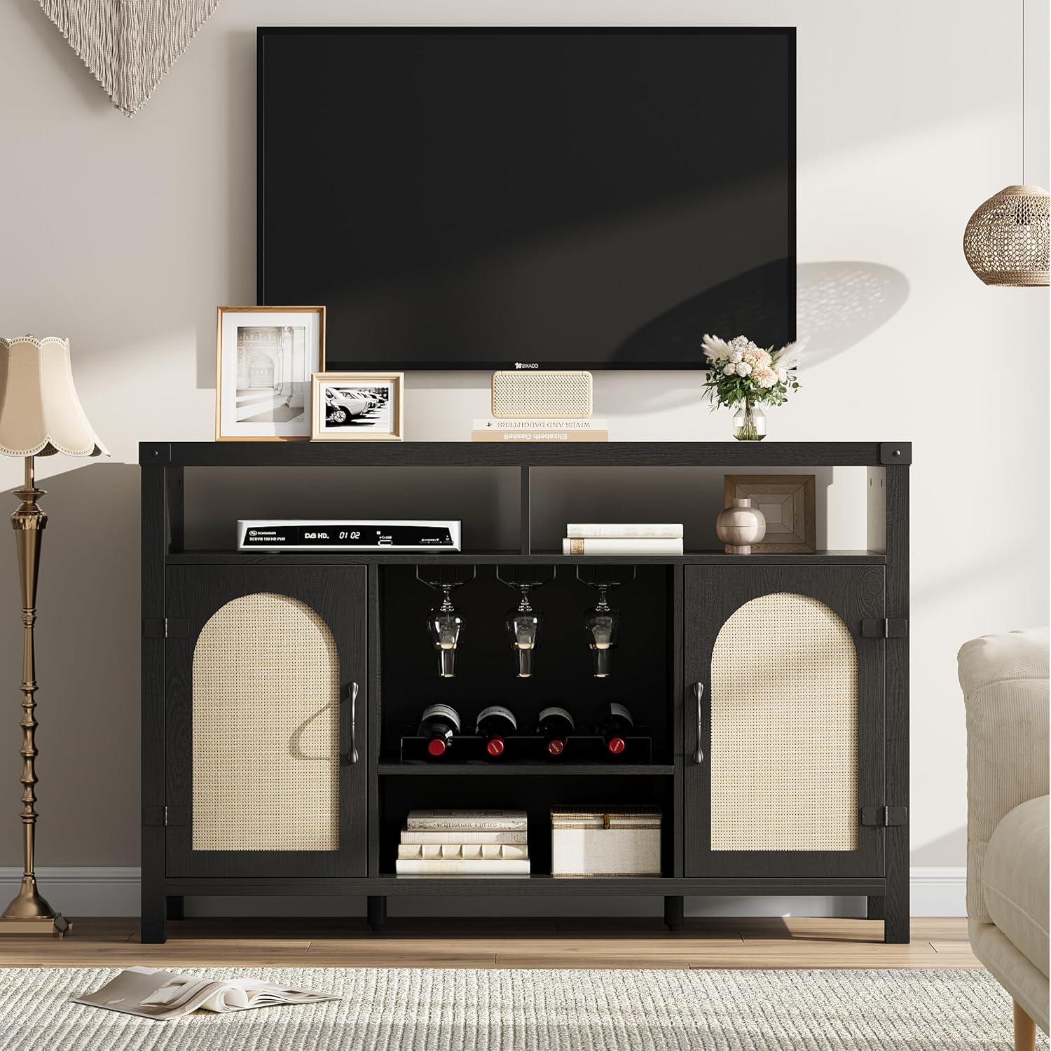 Qeetex WWJ-PHO-33T5ST3N Wine Cabinet Boho Sideboard Buffet with Storage Rattan Farmhouse Liquor Sideboard