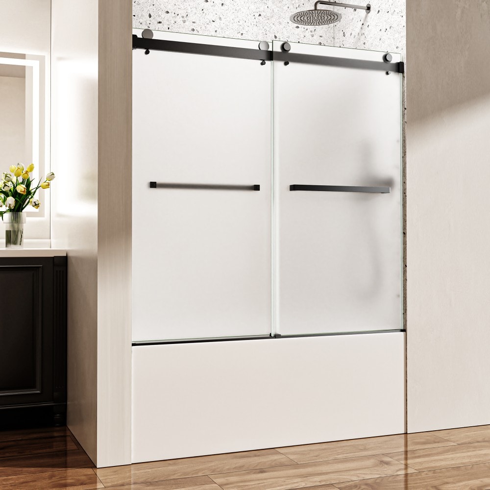 YOSIMFUR 60 in W x 60 in H Matte Black Frameless Double Bypass Sliding Bathtub Shower Door 5/16 in 8mm Frosted Ultra Clear Nano Coated Tempered Safety Glass