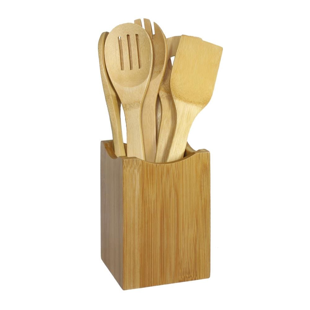 Wooden Kitchen Utensils set With Utensil Holder 9 PCS Teak Wooden Cooking  Spoon