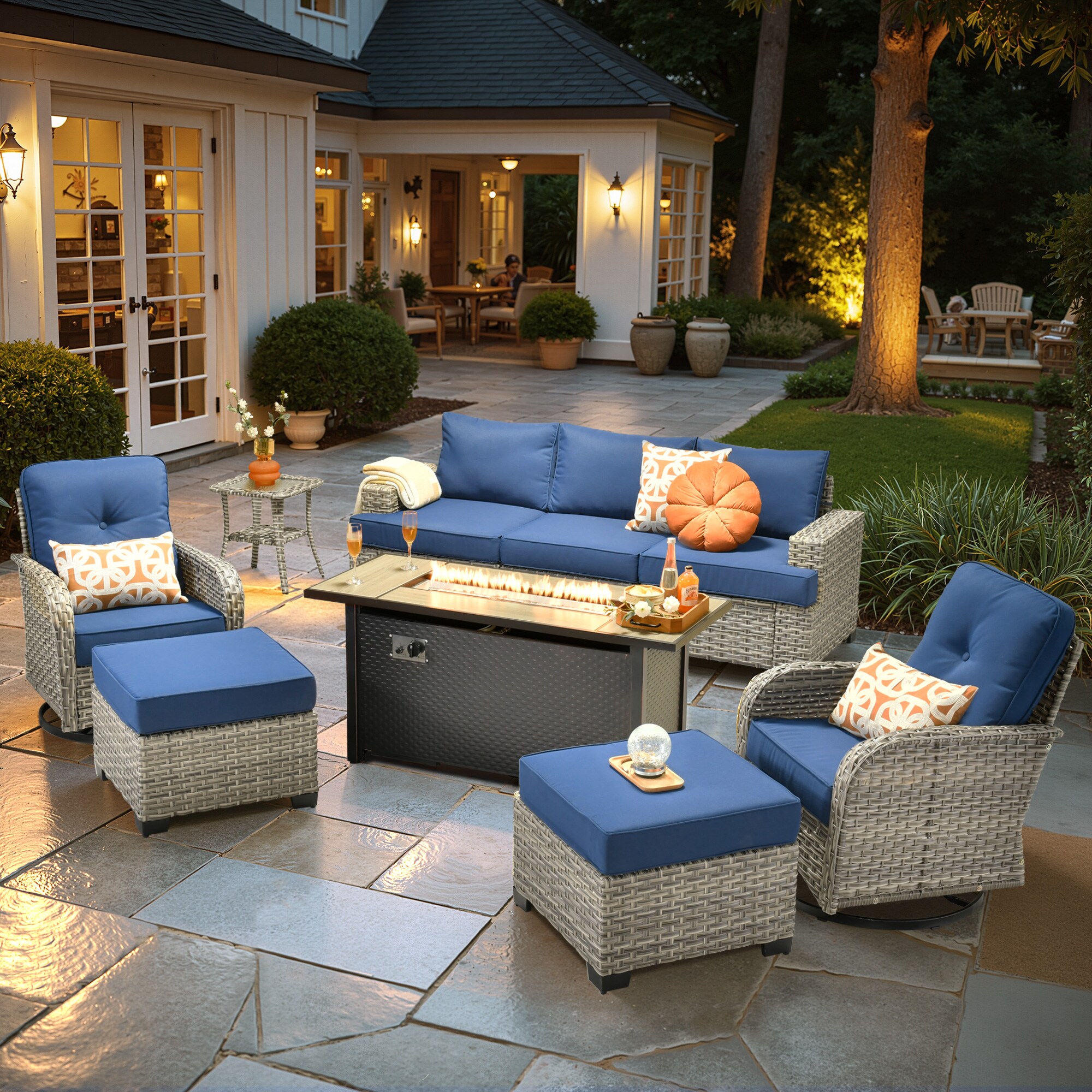 ALTRIGUS 6LCFP8503VYZTBS709AL 9 -Piece Wicker Patio Sofa Conversation Set with Navy Cushions
