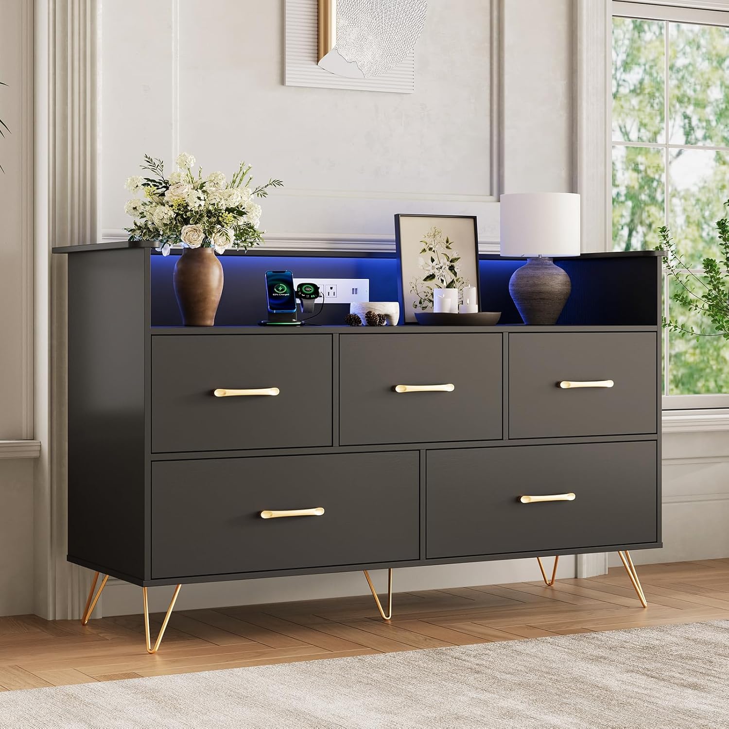 Garvee Black Dresser for Bedroom 47 in Wide Chest of Drawers with LED ...
