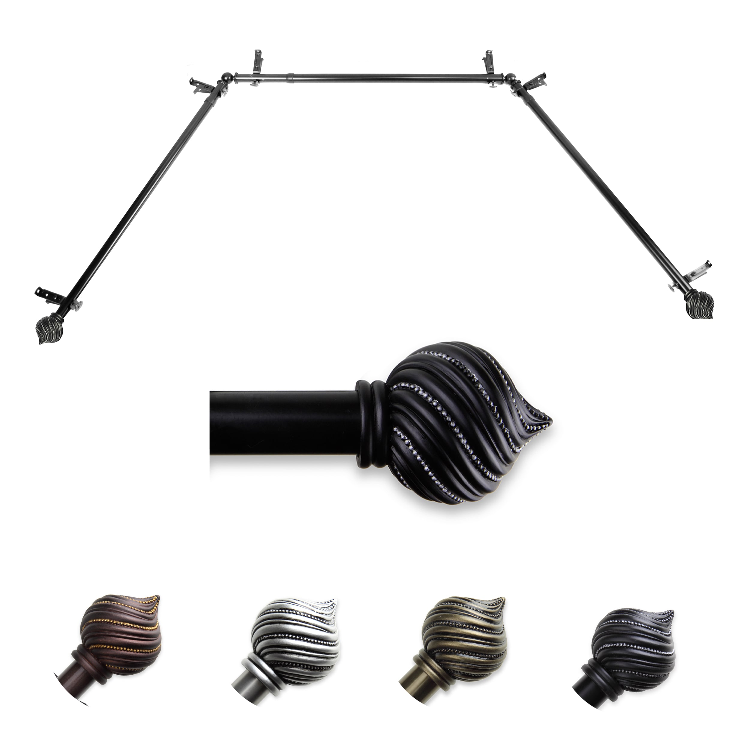 Hart & Harlow L-ABAY-93-2 Sergio 13/16-in Bay Black Steel Bay window curtain rod with Finials