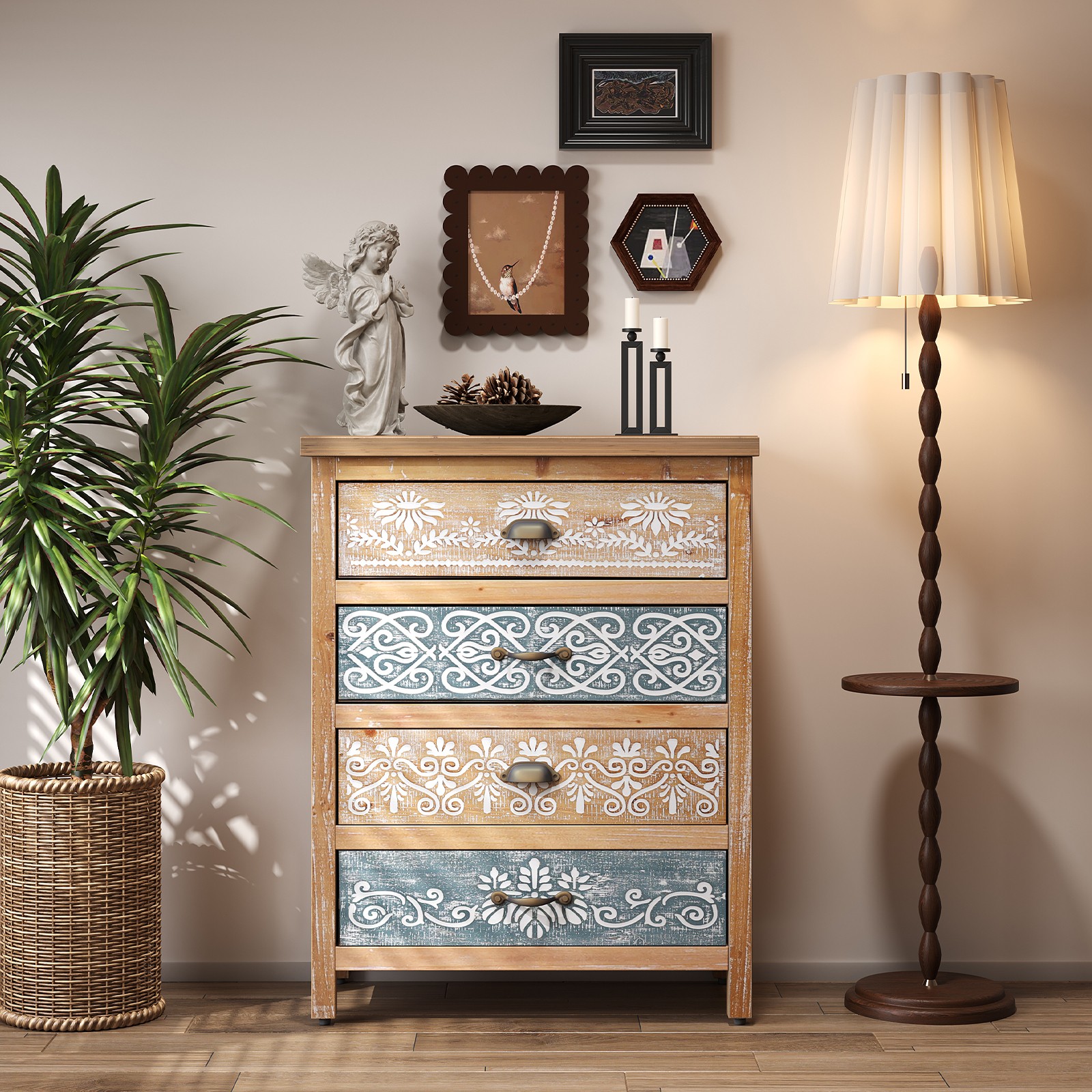 GlasFlength  31-Inch Vintage Rustic Storage Chest Drawer Cabinet Decorative Wood Organizer for Bedroom Living Room Entryway Colorful