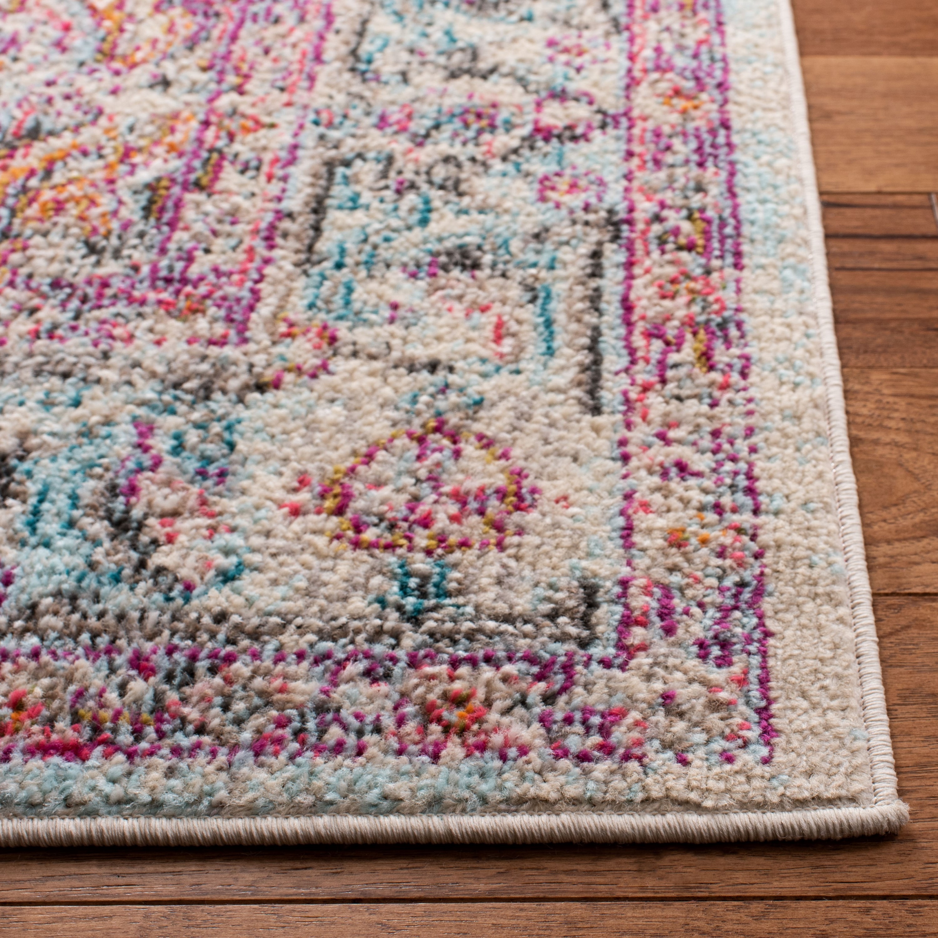 Beige and Fuchsia Geometric Rectangular Area Rug