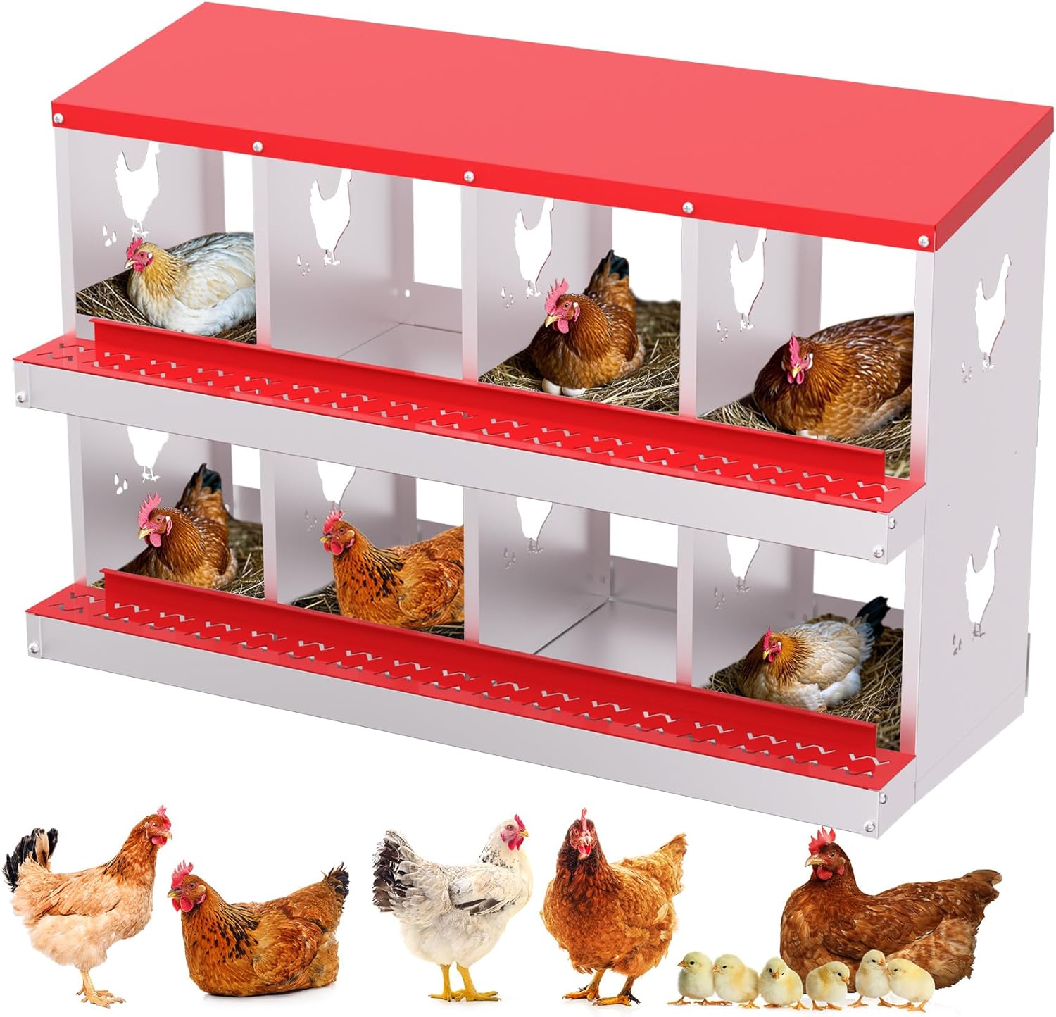 Qeetex WLS-PHO-348SS85U Nesting Boxes for Chickens 8 Compartment Chicken Nesting Box Metal Chicken Laying Boxes with Perch Secure Lid