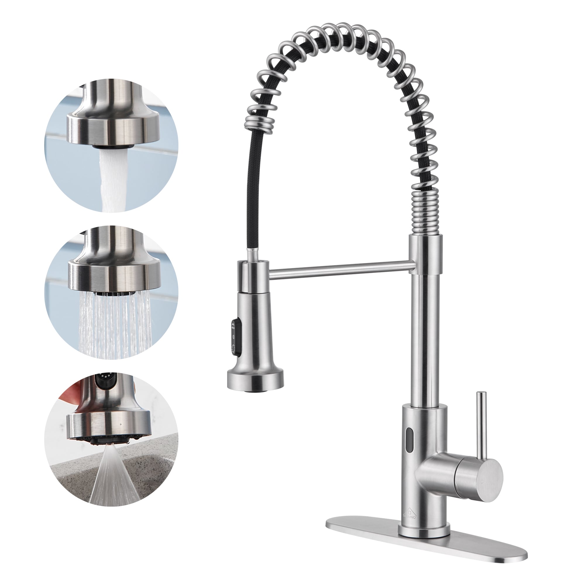 CASAINC Brushed Nickel Single Handle Touchless Pull-down Kitchen Faucet ...