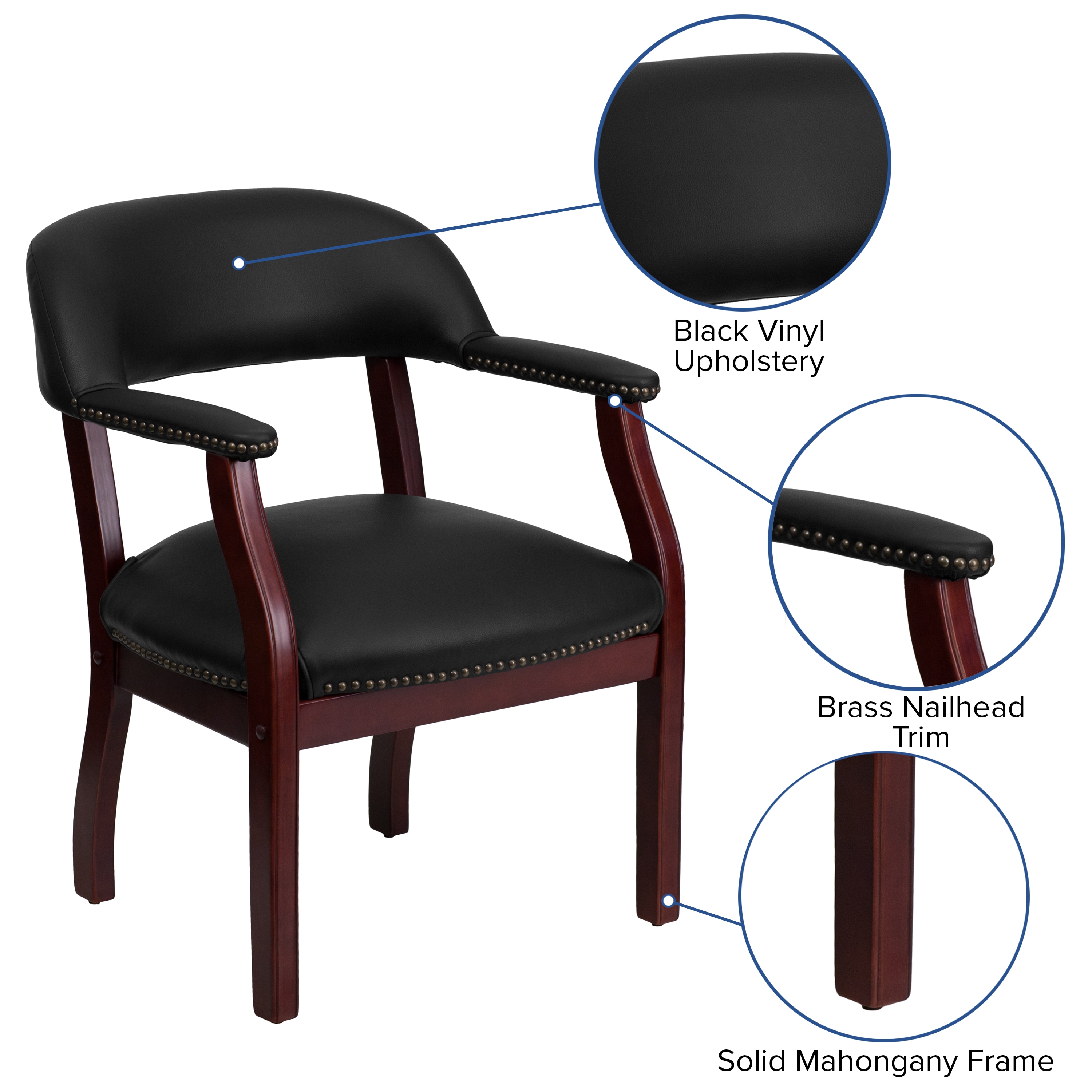 Elegant Black Vinyl and Wood Office Chair with Brass Nail Trim