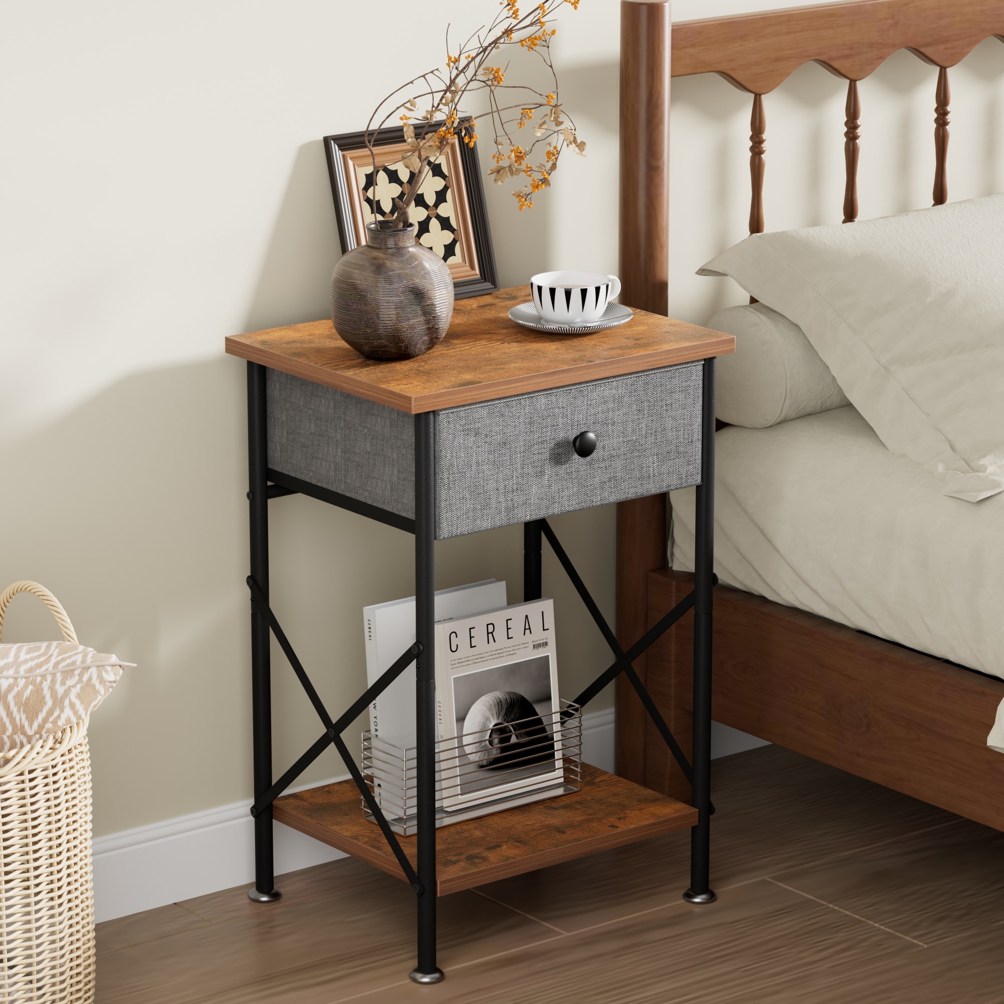 Vecelo Metal Frame Nightstand End Table with Wooden Top Fabric Drawer and Shelf Bedroom Adjustable Metal Feet for Living Room Bedroom Retro Brown
