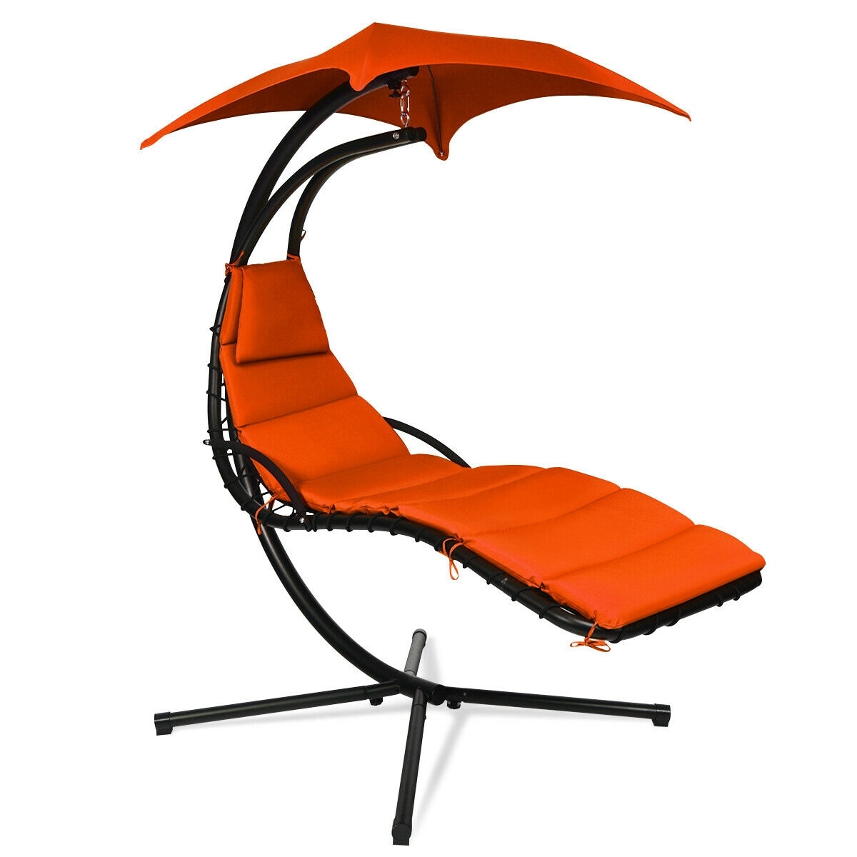 Slickblue D-CO-RO65307PO 1PC- Steel Frame Hanging Chaise Lounge Chair with Orange Fabric Seat with Pillow and Adjustable Canopy for Patio Garden or Poolside