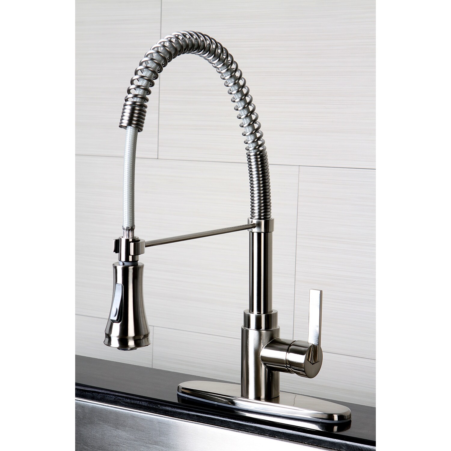 Kingston Brass Continental Brushed Nickel Single Handle Pre-rinse Kitchen  Faucet with Deck Plate at