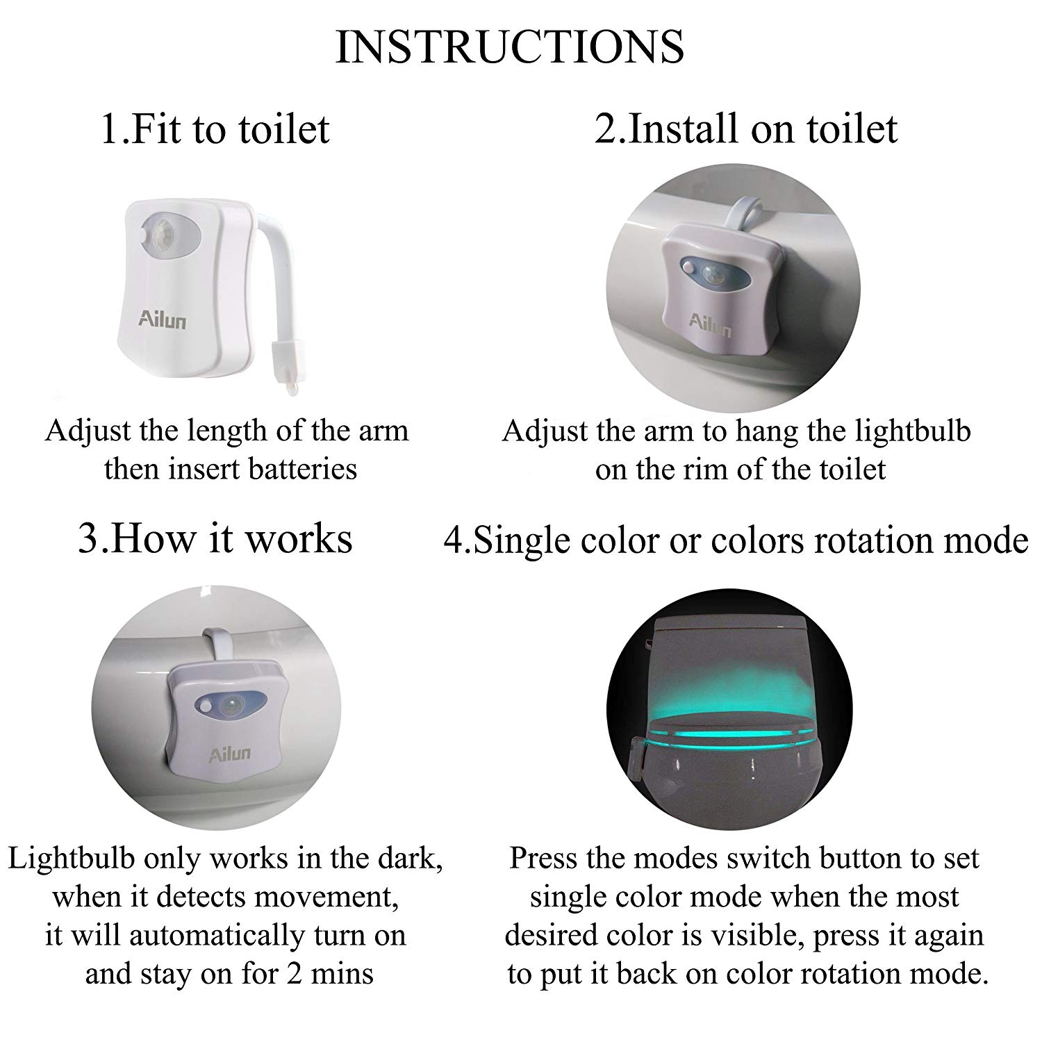 2 Pack 16 Color Change Night Toilet Light LED Motion Sensor Toilet Night  Light