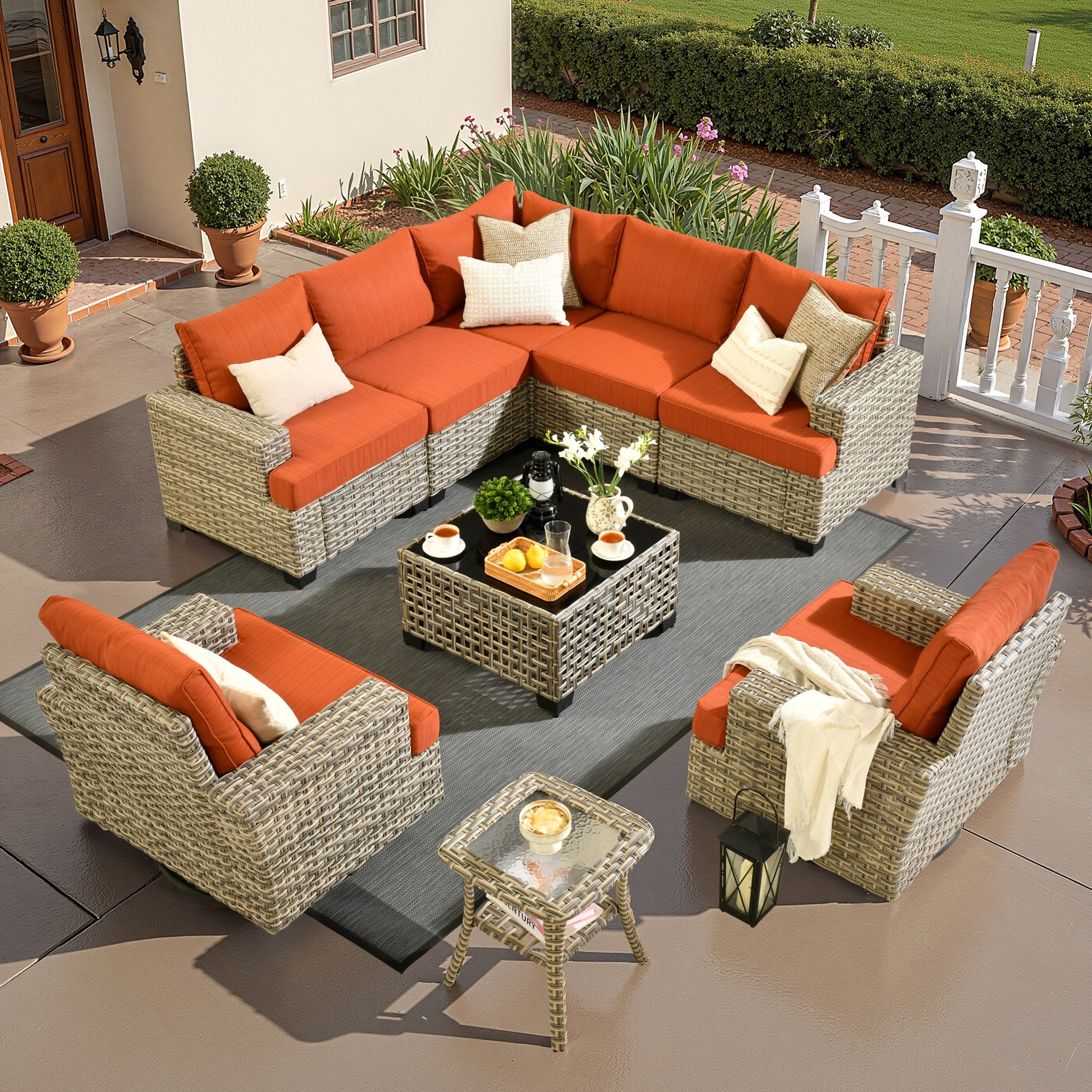 ALTRIGUS 6L-YZTBS8092-AL 9 -Piece Wicker Patio Sofa Conversation Set with Orange Cushions